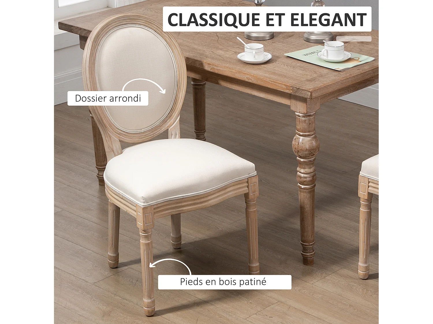 Lot de 2 chaises de salle à manger - chaise de salon médaillon style Louis XVI - bois massif sculpté, patiné - aspect lin beige