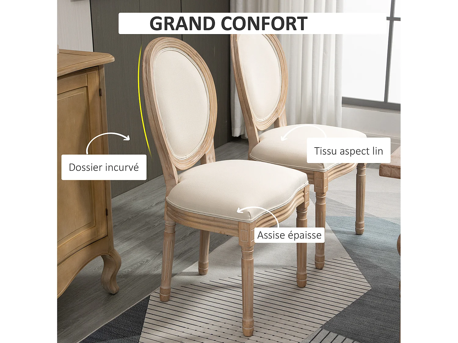 Lot de 2 chaises de salle à manger - chaise de salon médaillon style Louis XVI - bois massif sculpté, patiné - aspect lin beige