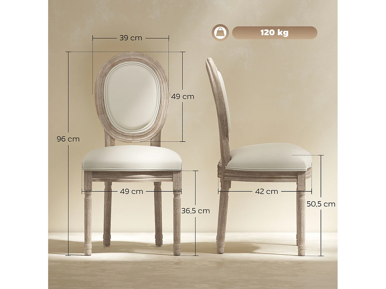 Lot de 2 chaises de salle à manger - chaise de salon médaillon style Louis XVI - bois massif sculpté, patiné - aspect lin beige