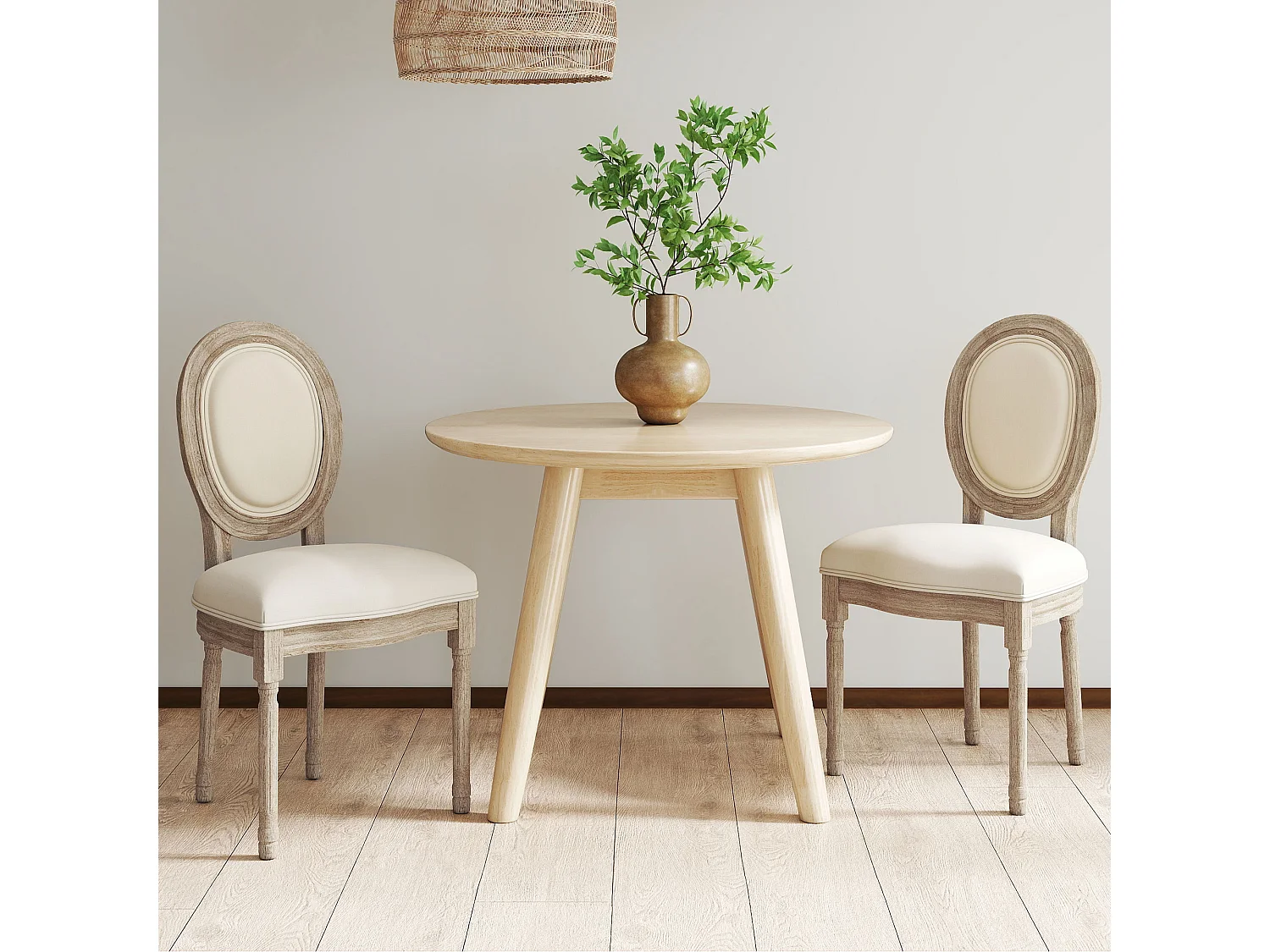 Lot de 2 chaises de salle à manger - chaise de salon médaillon style Louis XVI - bois massif sculpté, patiné - aspect lin beige