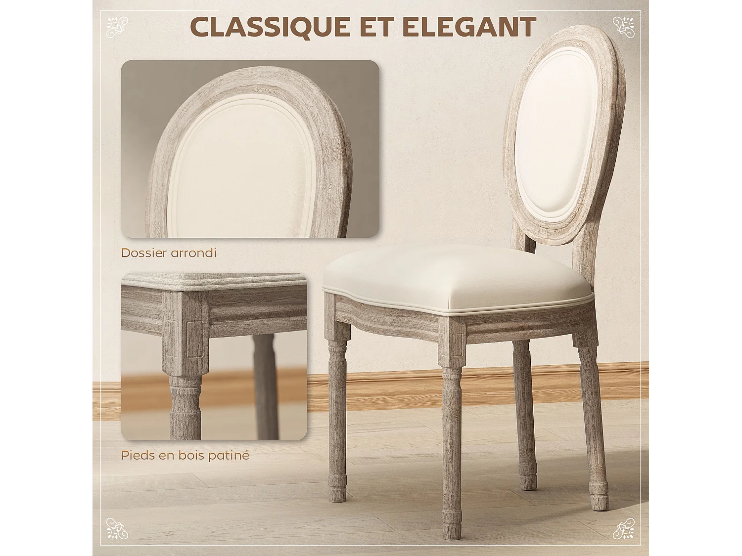 Lot de 2 chaises de salle à manger - chaise de salon médaillon style Louis XVI - bois massif sculpté, patiné - aspect lin beige