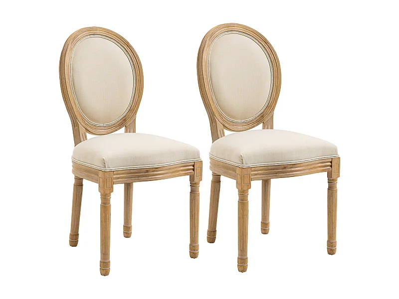 Lot de 2 chaises de salle à manger - chaise de salon médaillon style Louis XVI - bois massif sculpté, patiné - aspect lin beige