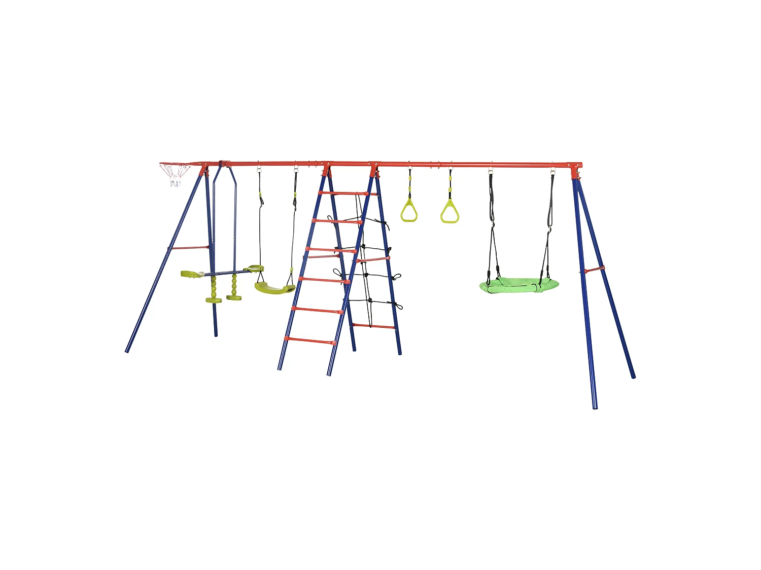 Balançoire portique 5 agrès + panier de basket dim. 4,35L x 1,35l x 1,77H m PE oxford acier époxy bleu rouge