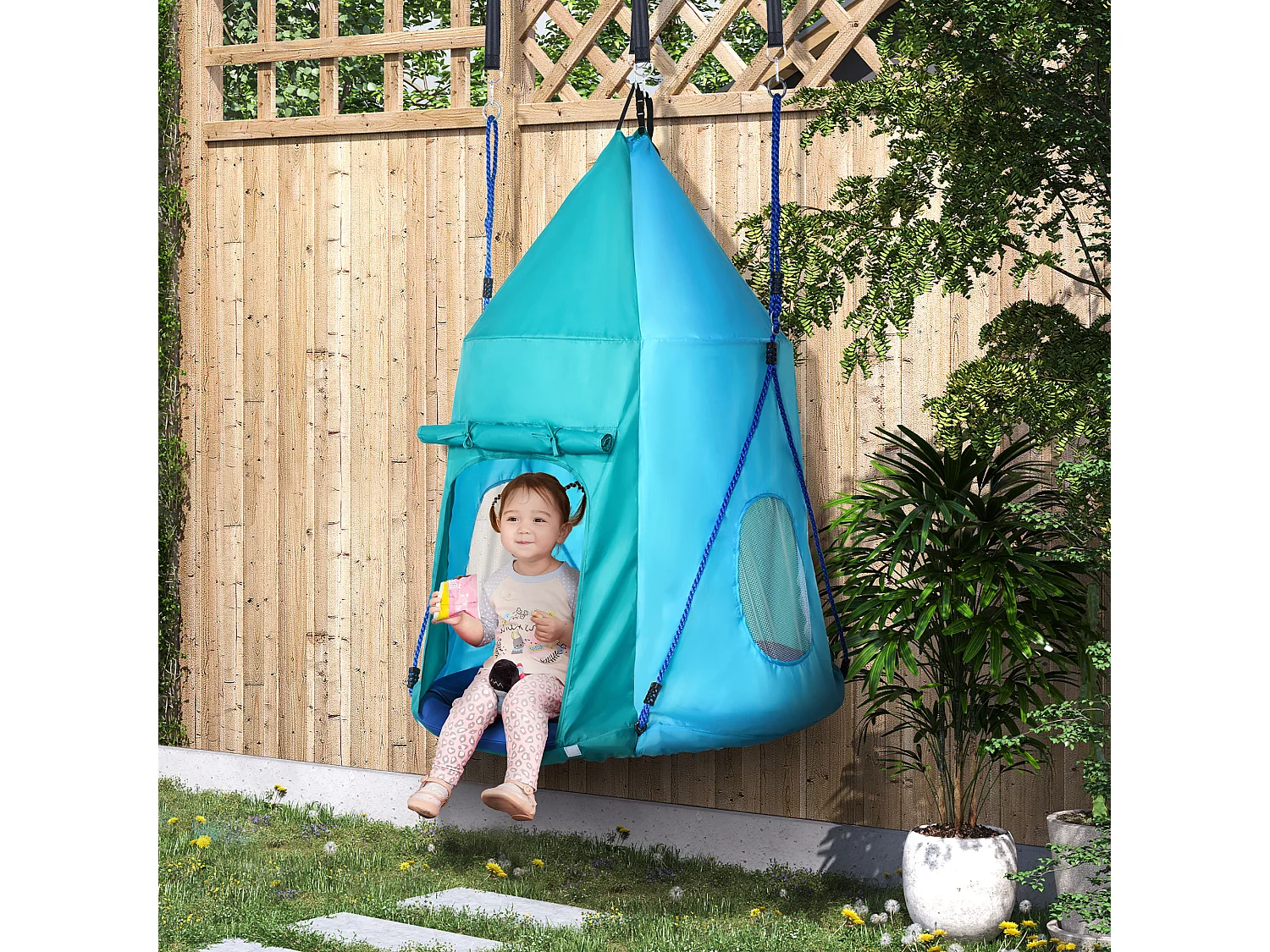 Balançoire nid d'oiseau ronde balançoire panier Ø 1,1 x 1,5H m - tente amovible incluse - accessoires inclus bleu