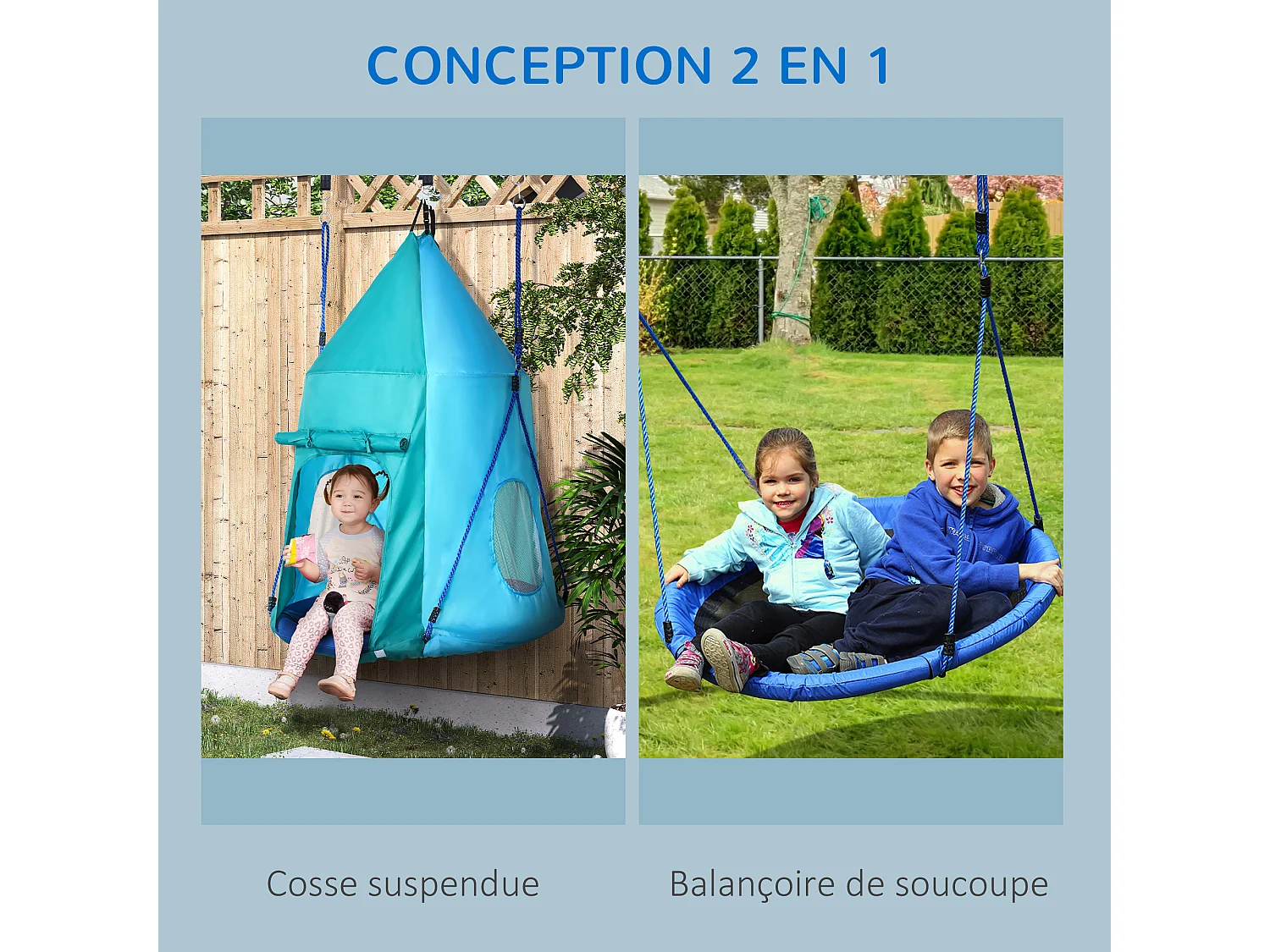 Balançoire nid d'oiseau ronde balançoire panier Ø 1,1 x 1,5H m - tente amovible incluse - accessoires inclus bleu