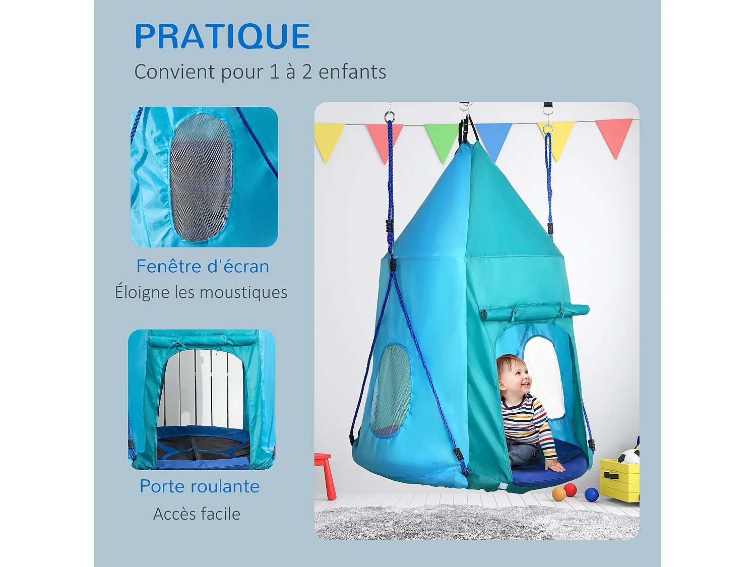 Balançoire nid d'oiseau ronde balançoire panier Ø 1,1 x 1,5H m - tente amovible incluse - accessoires inclus bleu