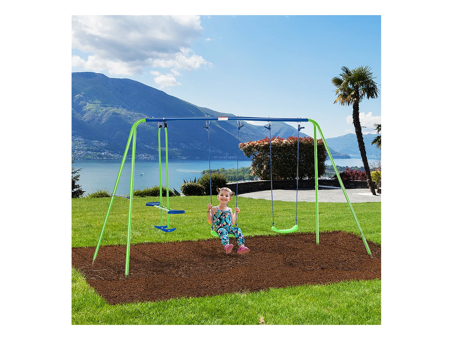 Balançoire 3 agrès portique avec 2 balançoires et face à face dim. 2,8L x 1,4l x 1,78H m métal époxy anticorrosion PE vert bleu