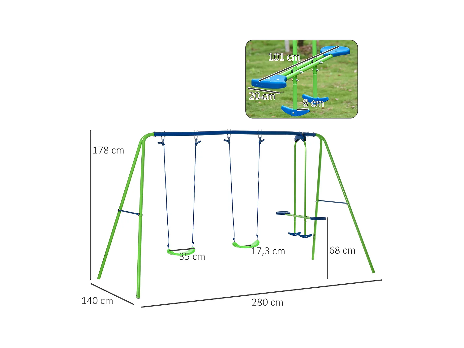 Balançoire 3 agrès portique avec 2 balançoires et face à face dim. 2,8L x 1,4l x 1,78H m métal époxy anticorrosion PE vert bleu