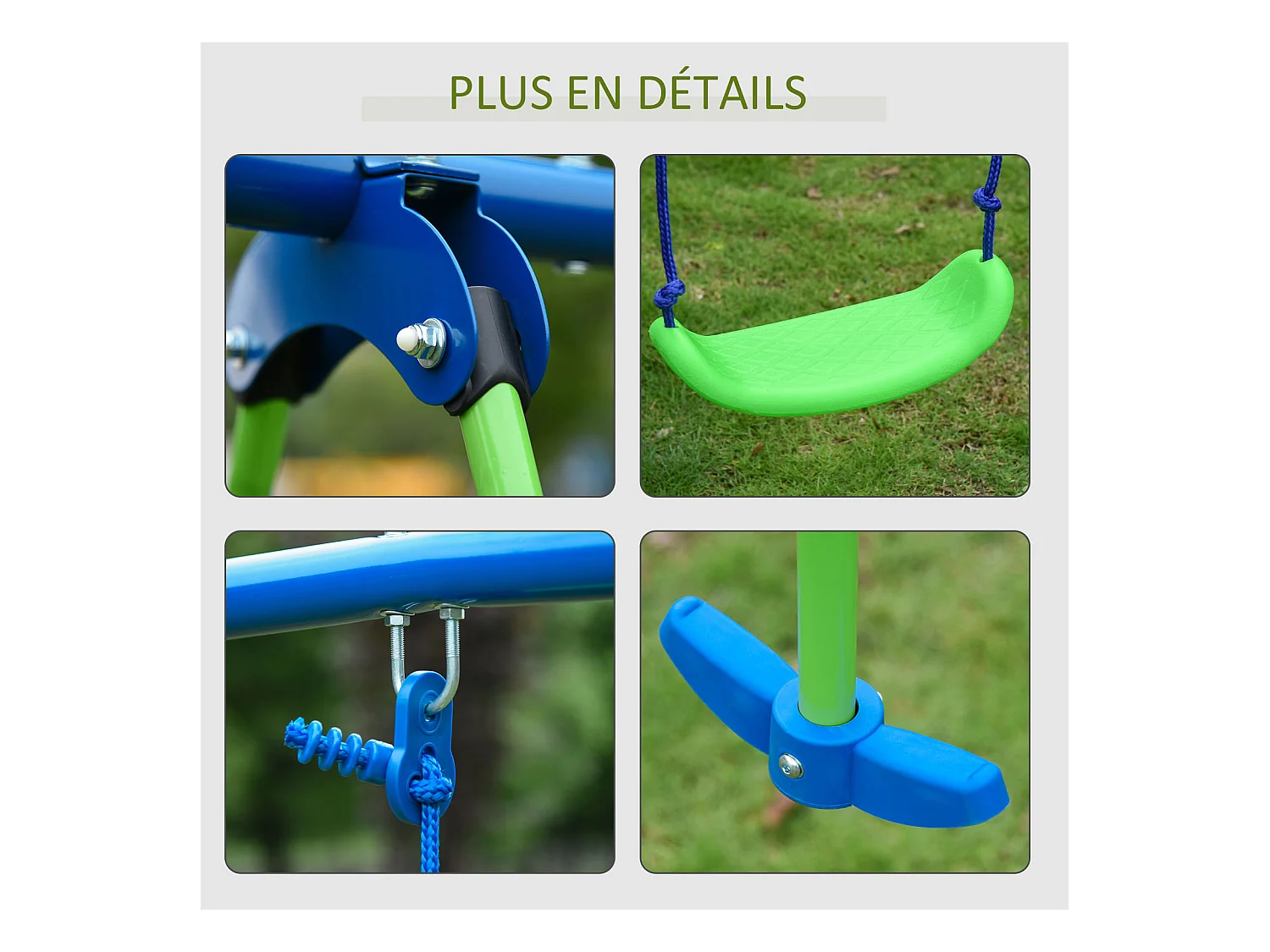 Balançoire 3 agrès portique avec 2 balançoires et face à face dim. 2,8L x 1,4l x 1,78H m métal époxy anticorrosion PE vert bleu