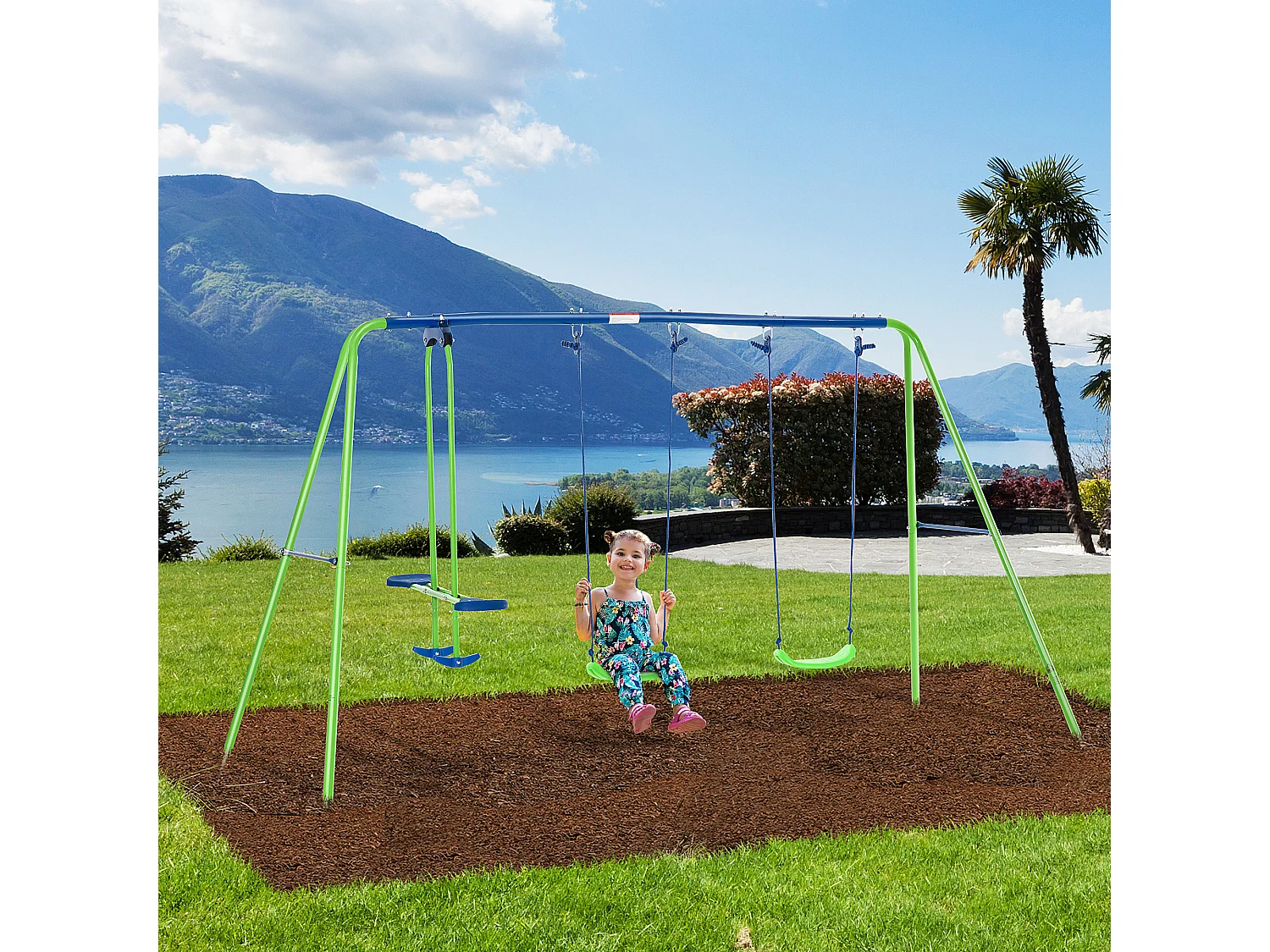 Balançoire 3 agrès portique avec 2 balançoires et face à face dim. 2,8L x 1,4l x 1,78H m métal époxy anticorrosion PE vert bleu