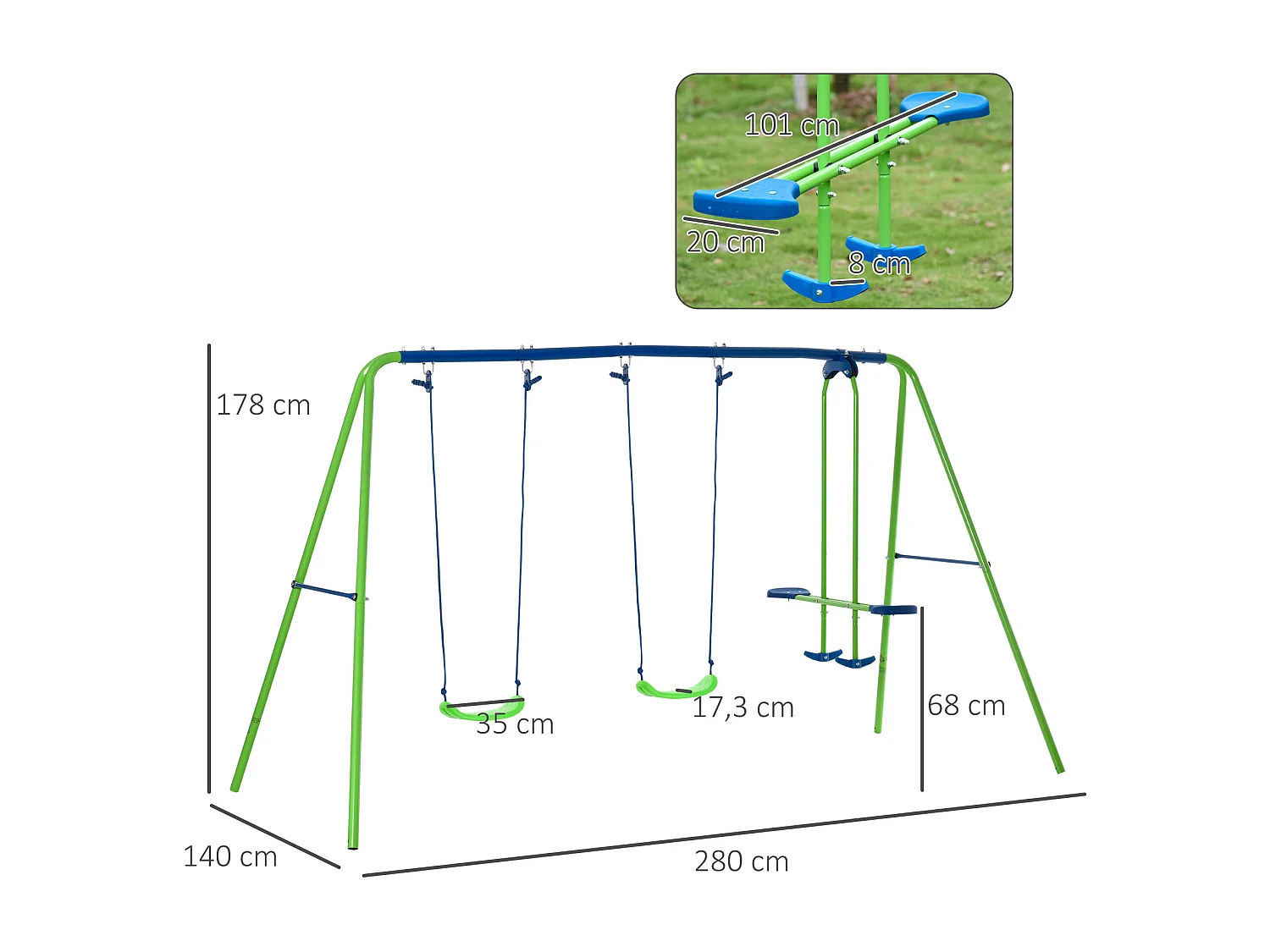 Balançoire 3 agrès portique avec 2 balançoires et face à face dim. 2,8L x 1,4l x 1,78H m métal époxy anticorrosion PE vert bleu