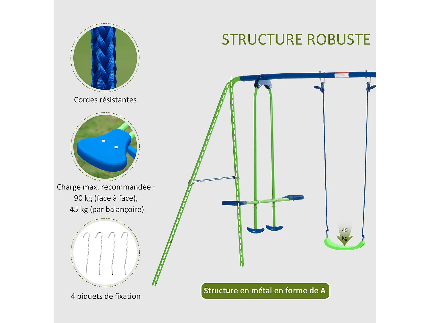 Balançoire 3 agrès portique avec 2 balançoires et face à face dim. 2,8L x 1,4l x 1,78H m métal époxy anticorrosion PE vert bleu
