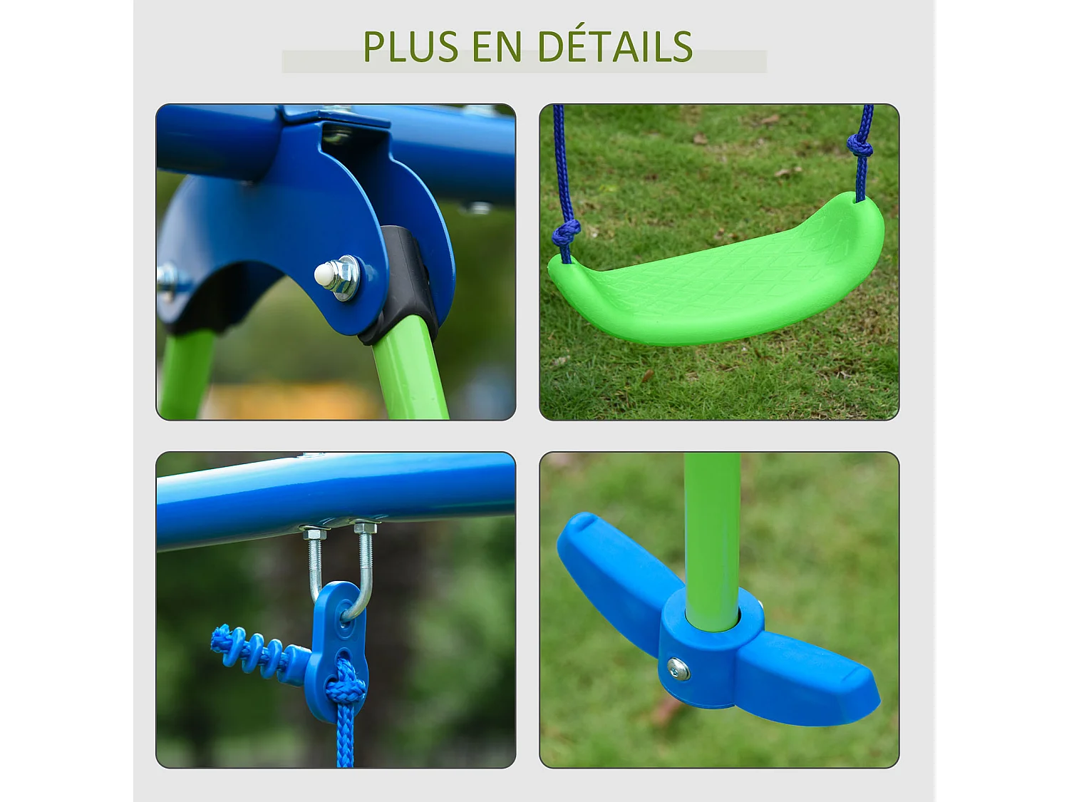 Balançoire 3 agrès portique avec 2 balançoires et face à face dim. 2,8L x 1,4l x 1,78H m métal époxy anticorrosion PE vert bleu