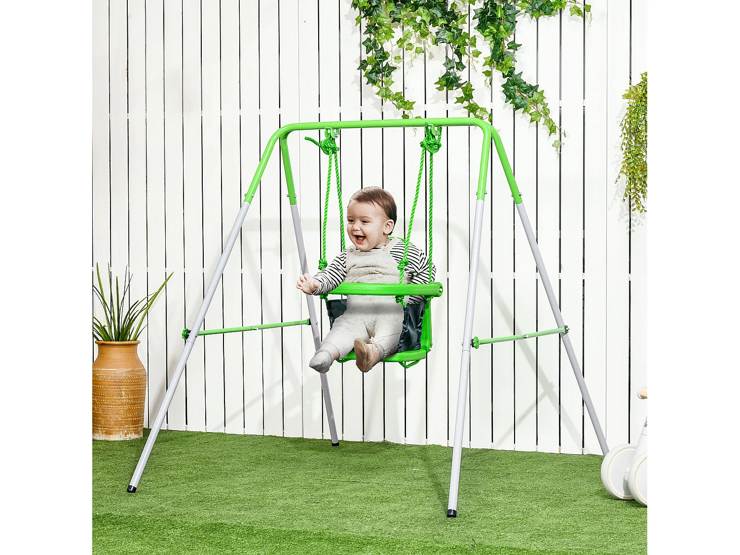 Portique balançoire enfant 6-36 mois - siège haut, accoudoirs, ceinture sécurité 2 points, barre protection - métal époxy blanc vert