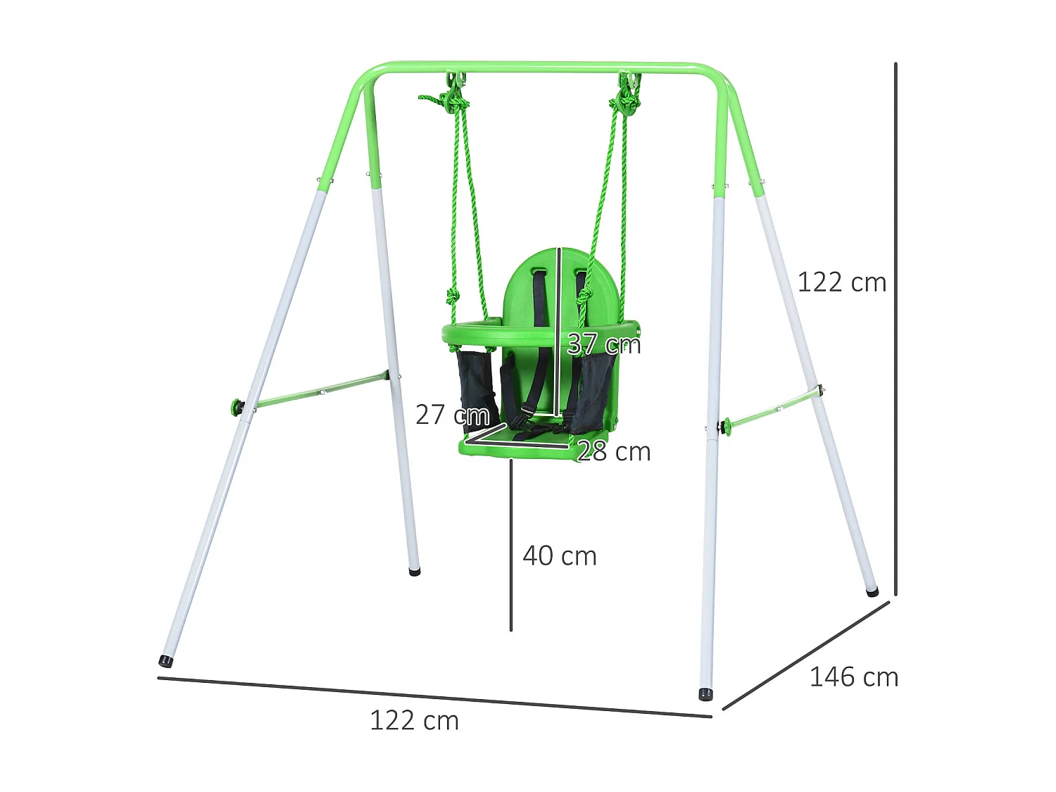 Portique balançoire enfant 6-36 mois - siège haut, accoudoirs, ceinture sécurité 2 points, barre protection - métal époxy blanc vert