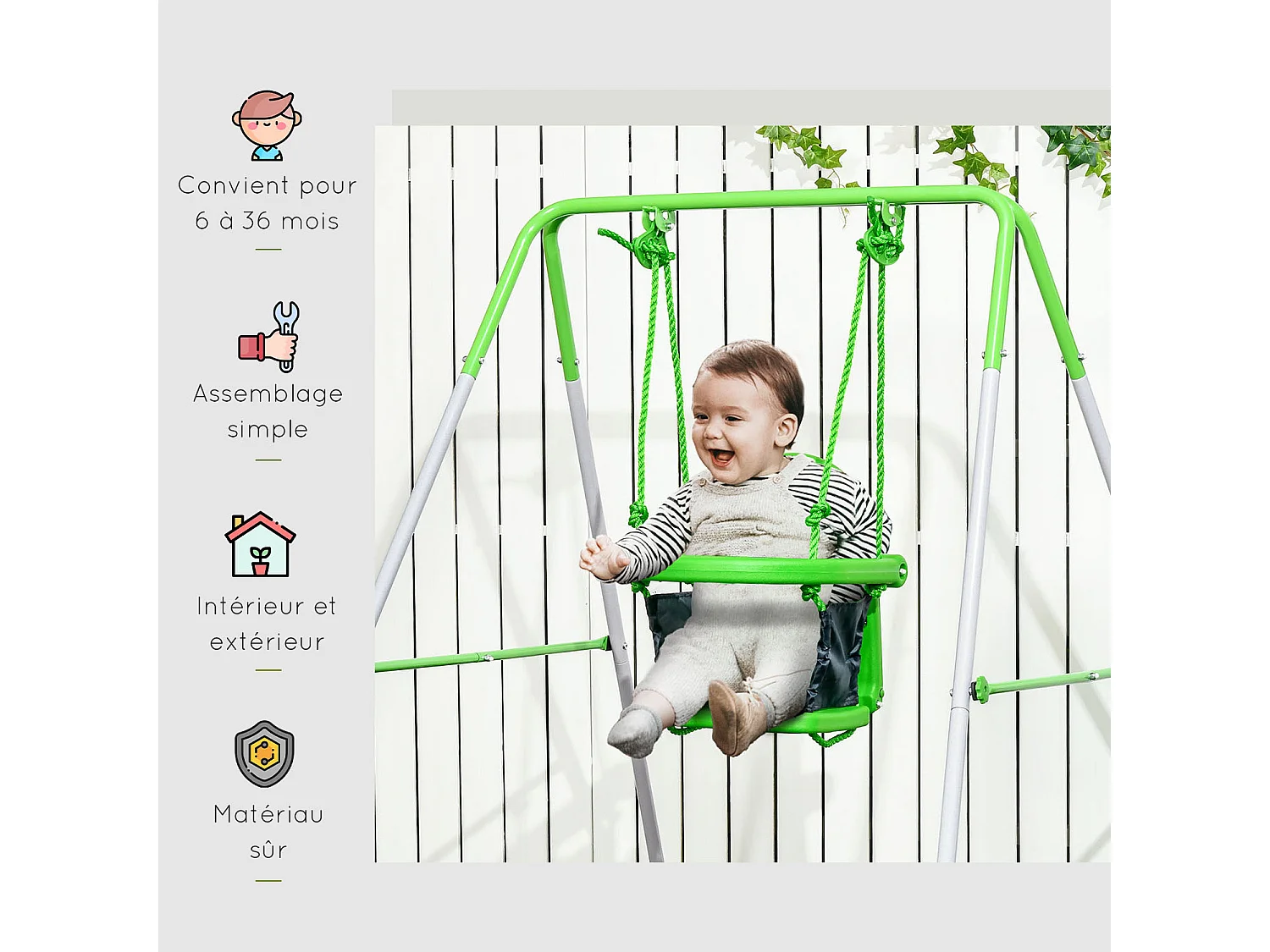 Portique balançoire enfant 6-36 mois - siège haut, accoudoirs, ceinture sécurité 2 points, barre protection - métal époxy blanc vert