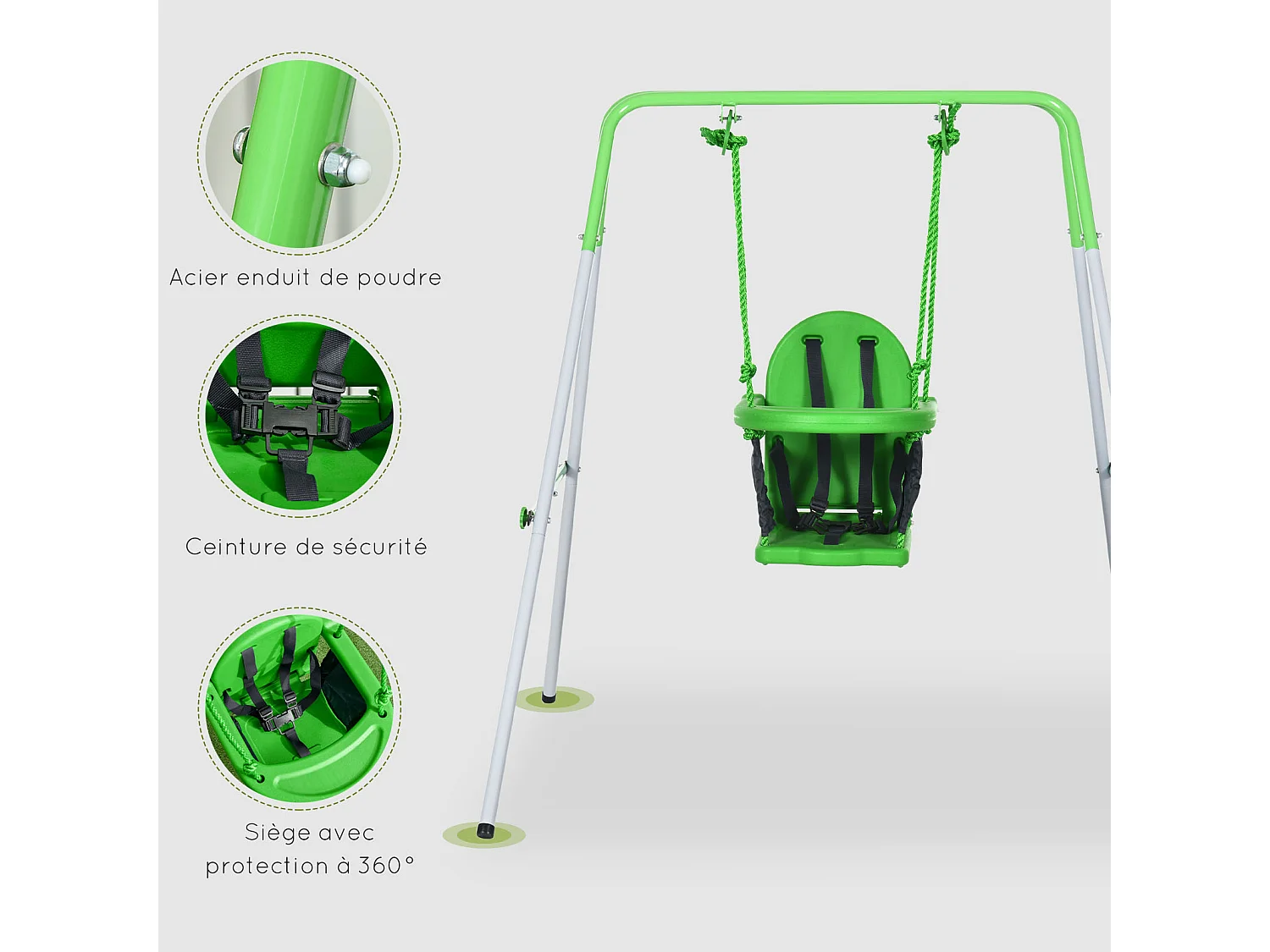 Portique balançoire enfant 6-36 mois - siège haut, accoudoirs, ceinture sécurité 2 points, barre protection - métal époxy blanc vert