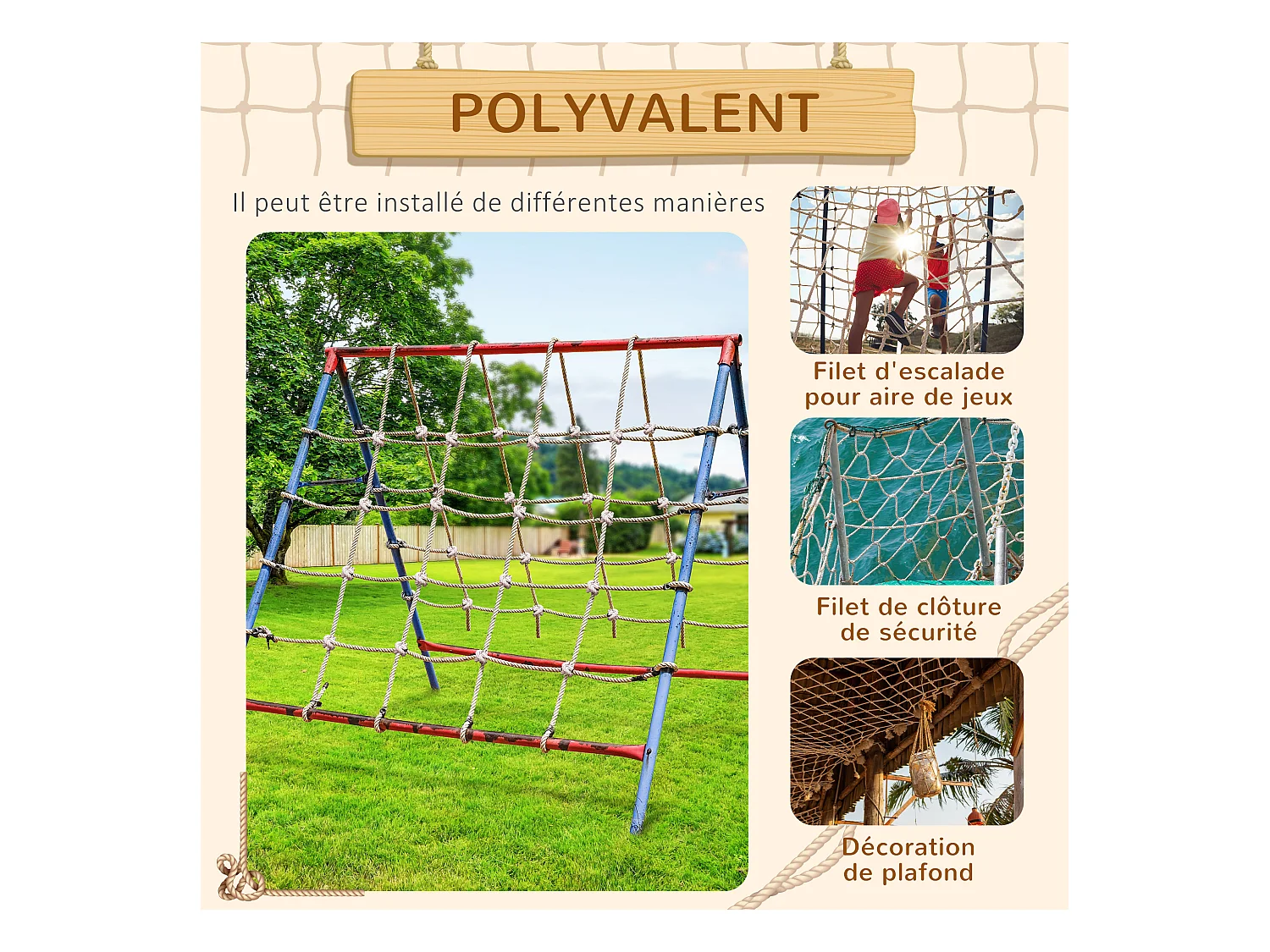 Filet d'escalade enfant PE filet à grimper 3-6 ans 1,5L x 2H m crochets acier galvanisé