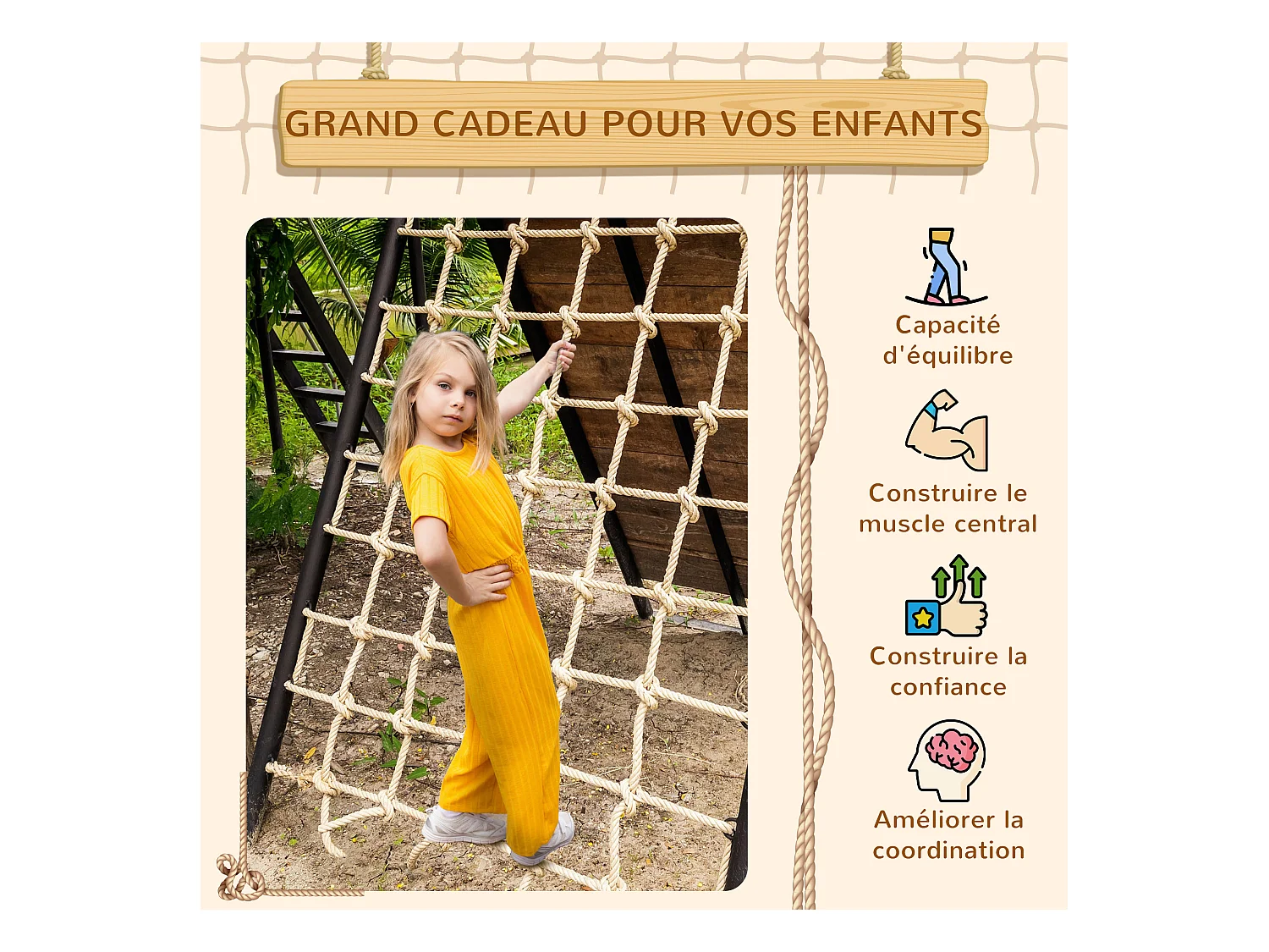 Filet d'escalade enfant PE filet à grimper 3-6 ans 1,5L x 2H m crochets acier galvanisé