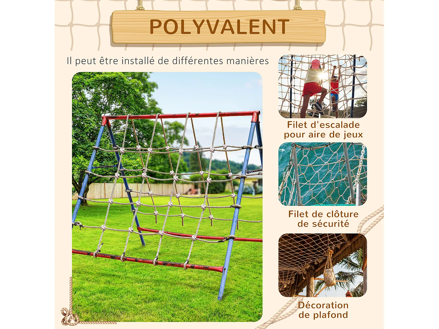 Filet d'escalade enfant PE filet à grimper 3-6 ans 1,5L x 2H m crochets acier galvanisé