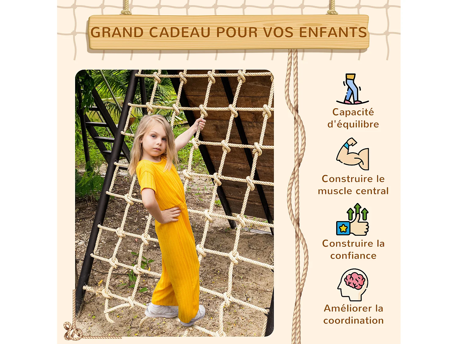 Filet d'escalade enfant PE filet à grimper 3-6 ans 1,5L x 2H m crochets acier galvanisé