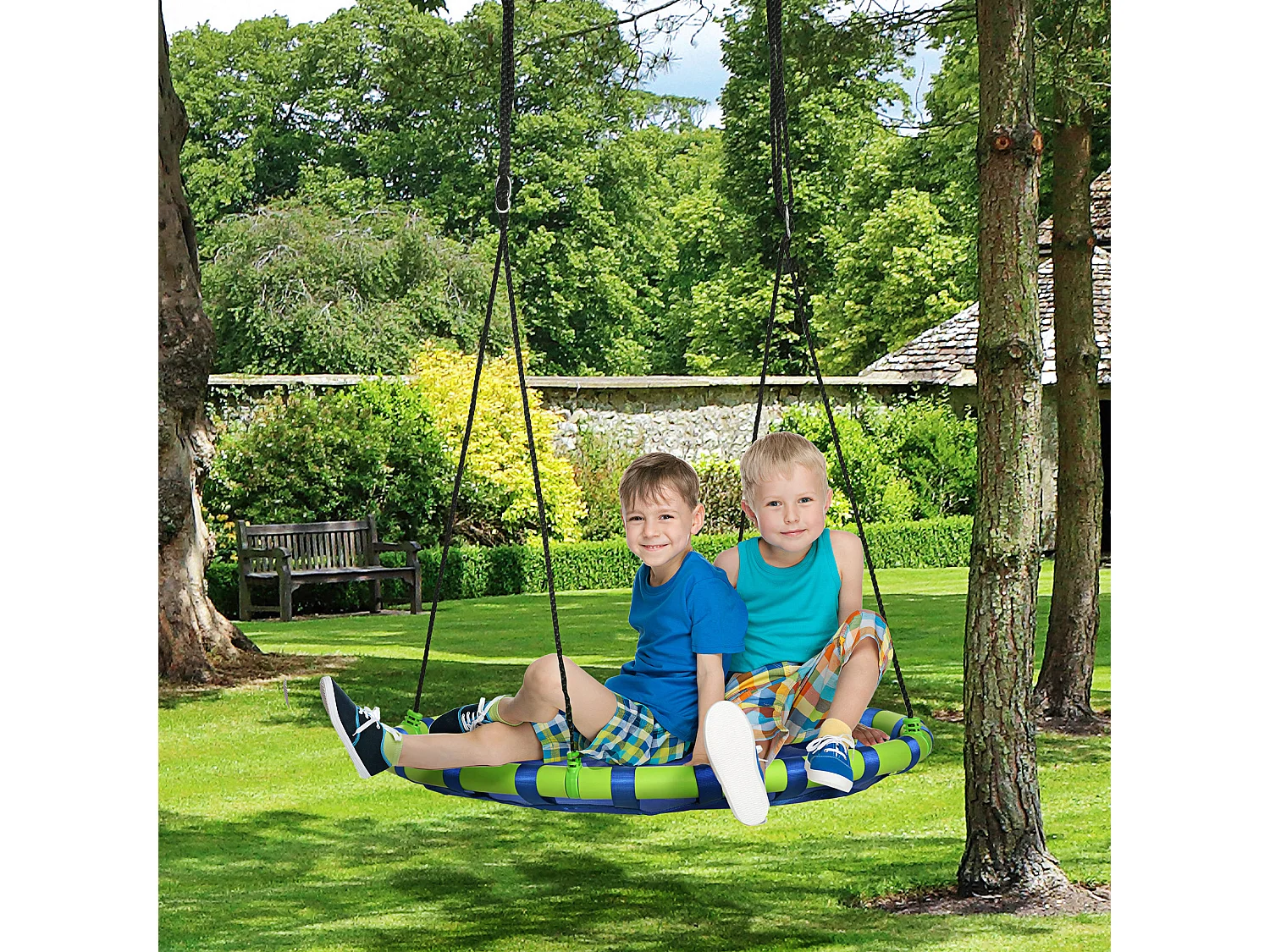 Balançoire nid d'oiseau ronde balançoire panier Ø 100 x 120-180H cm accessoires inclus bleu vert