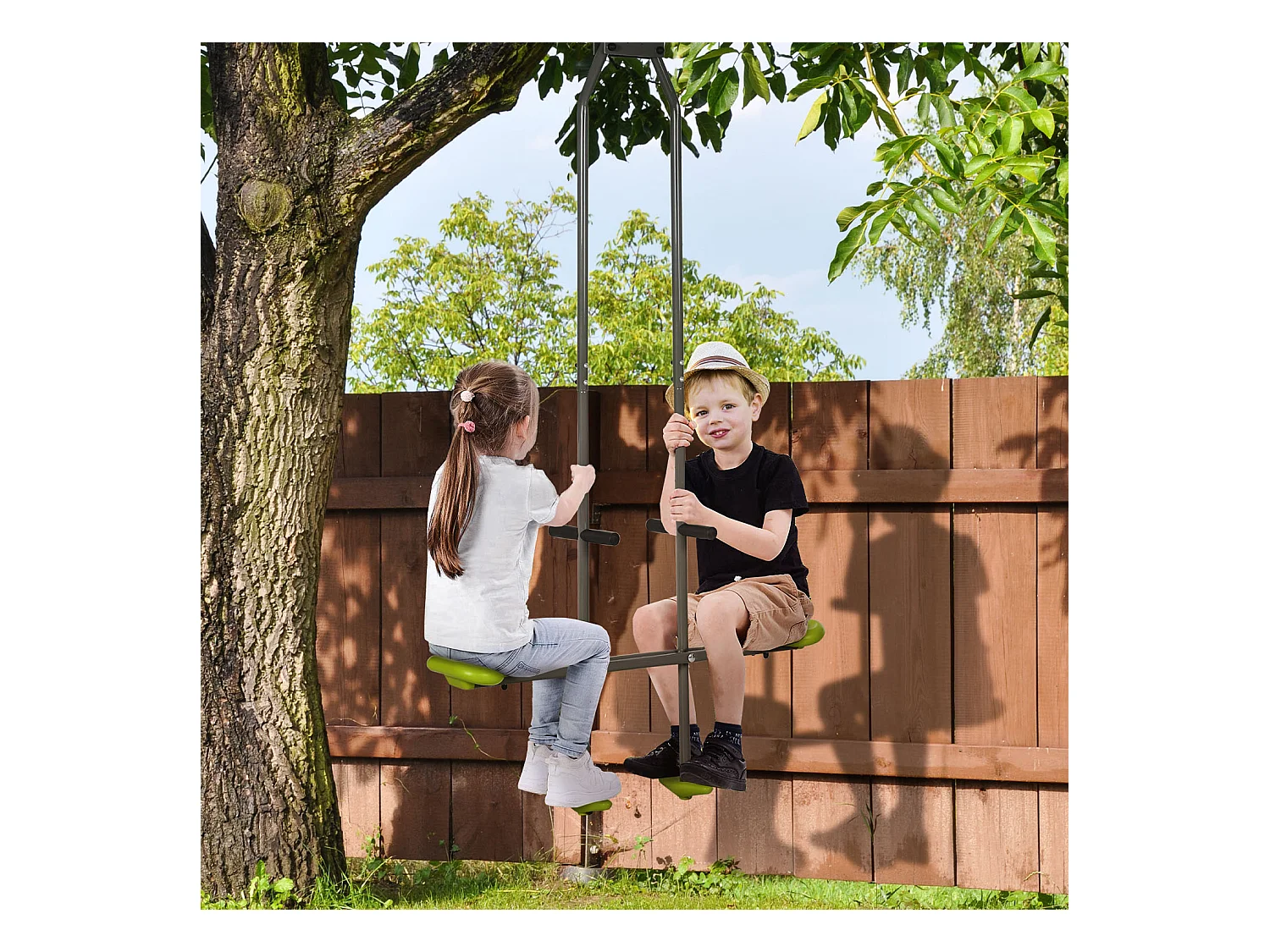 Balançoire agrès face à face enfant 3 à 6 ans - selles larges, guidon, repose-pied - gris vert