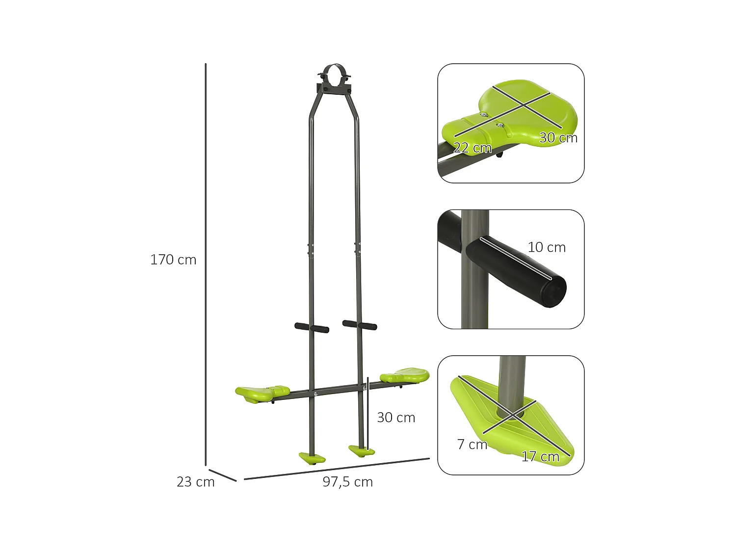 Balançoire agrès face à face enfant 3 à 6 ans - selles larges, guidon, repose-pied - gris vert