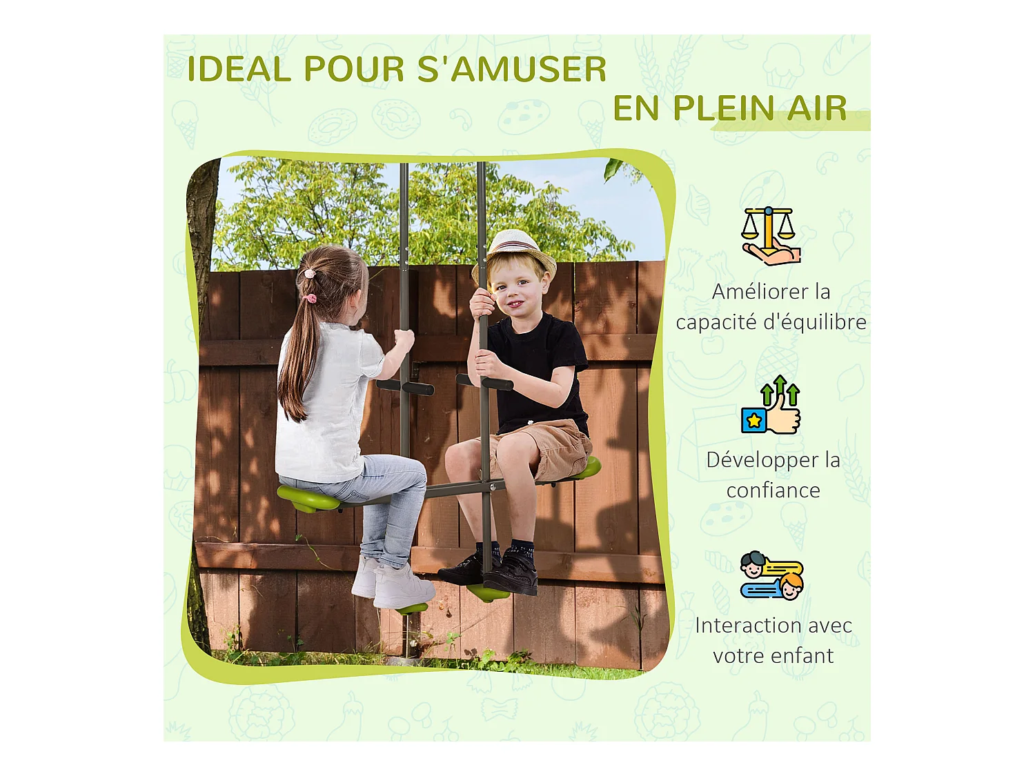 Balançoire agrès face à face enfant 3 à 6 ans - selles larges, guidon, repose-pied - gris vert