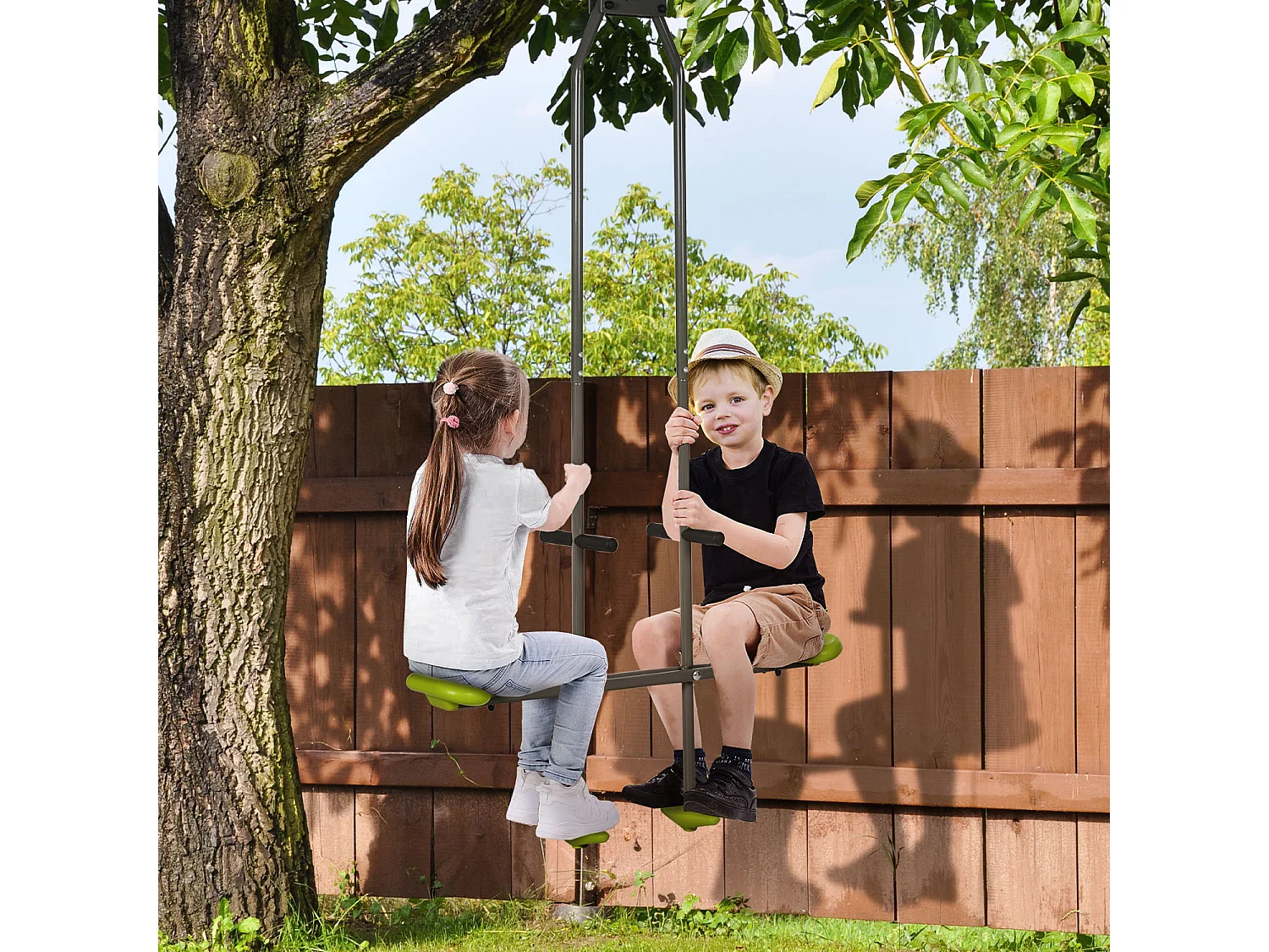 Balançoire agrès face à face enfant 3 à 6 ans - selles larges, guidon, repose-pied - gris vert
