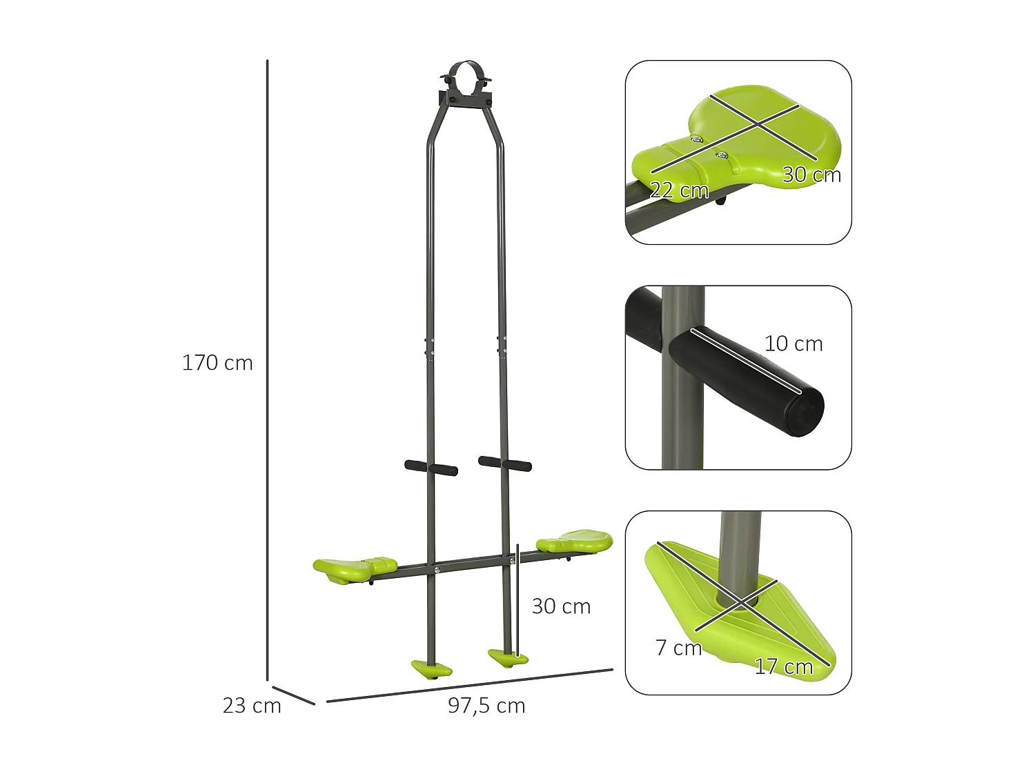Balançoire agrès face à face enfant 3 à 6 ans - selles larges, guidon, repose-pied - gris vert