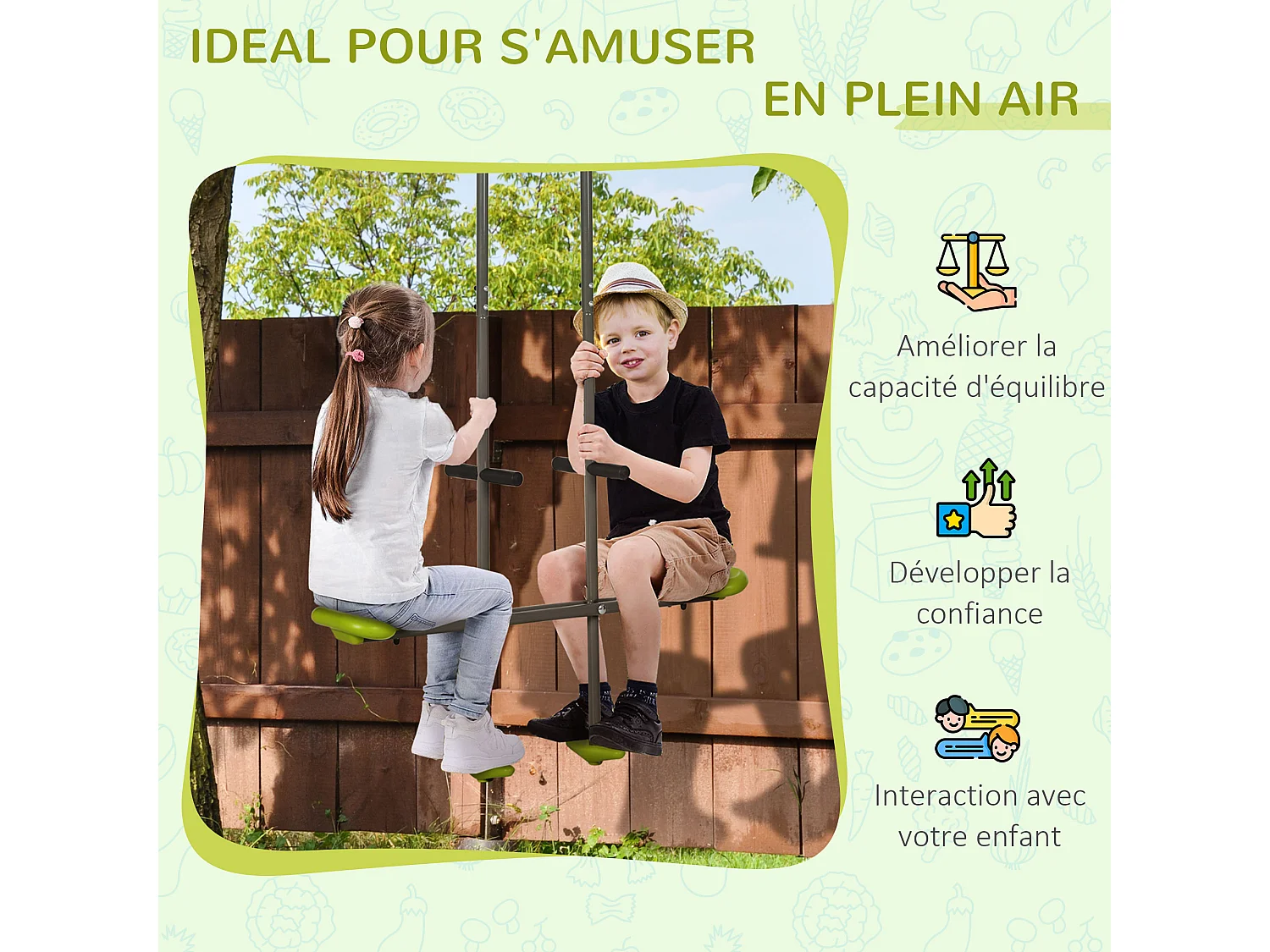 Balançoire agrès face à face enfant 3 à 6 ans - selles larges, guidon, repose-pied - gris vert