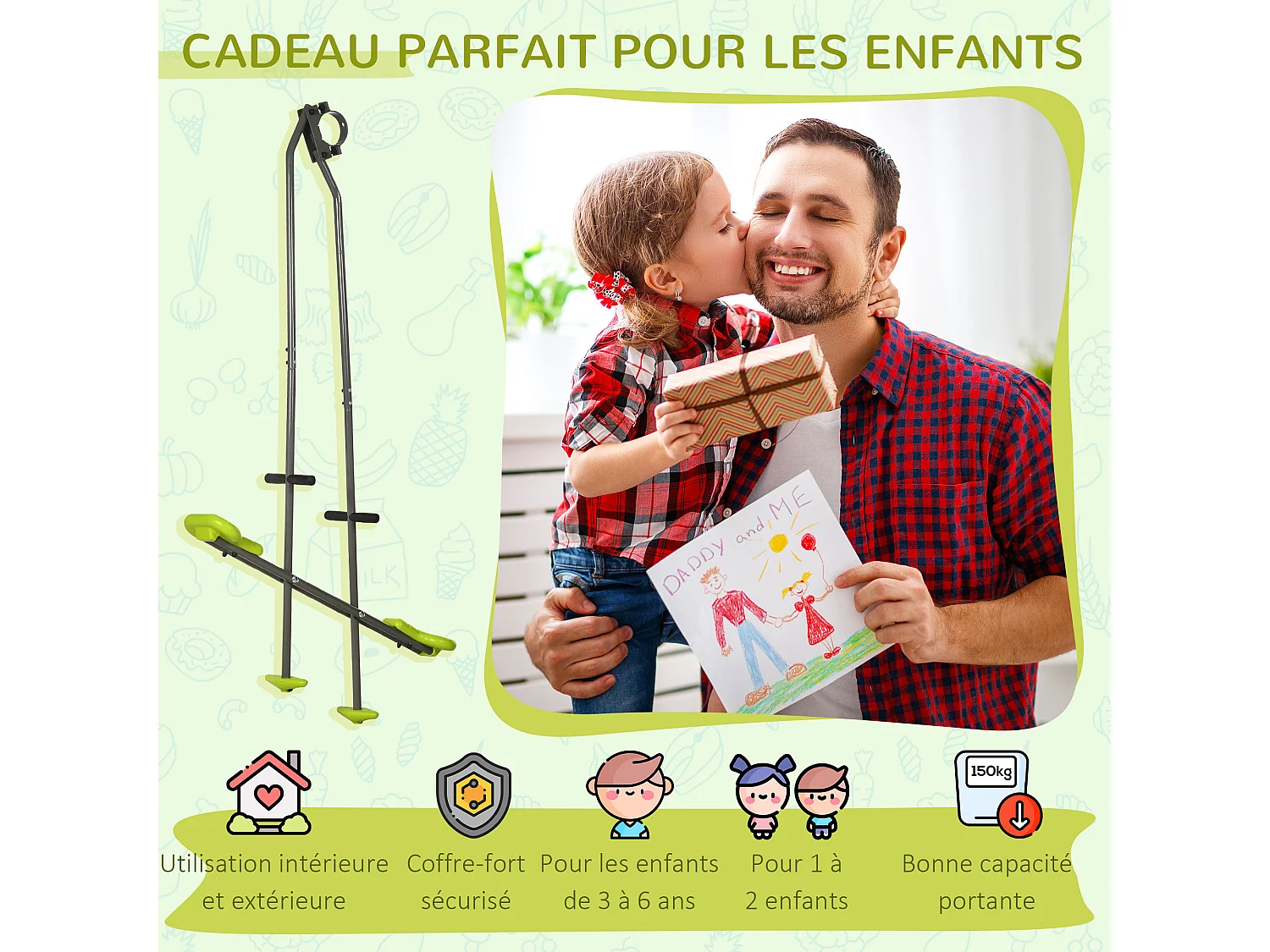 Balançoire agrès face à face enfant 3 à 6 ans - selles larges, guidon, repose-pied - gris vert