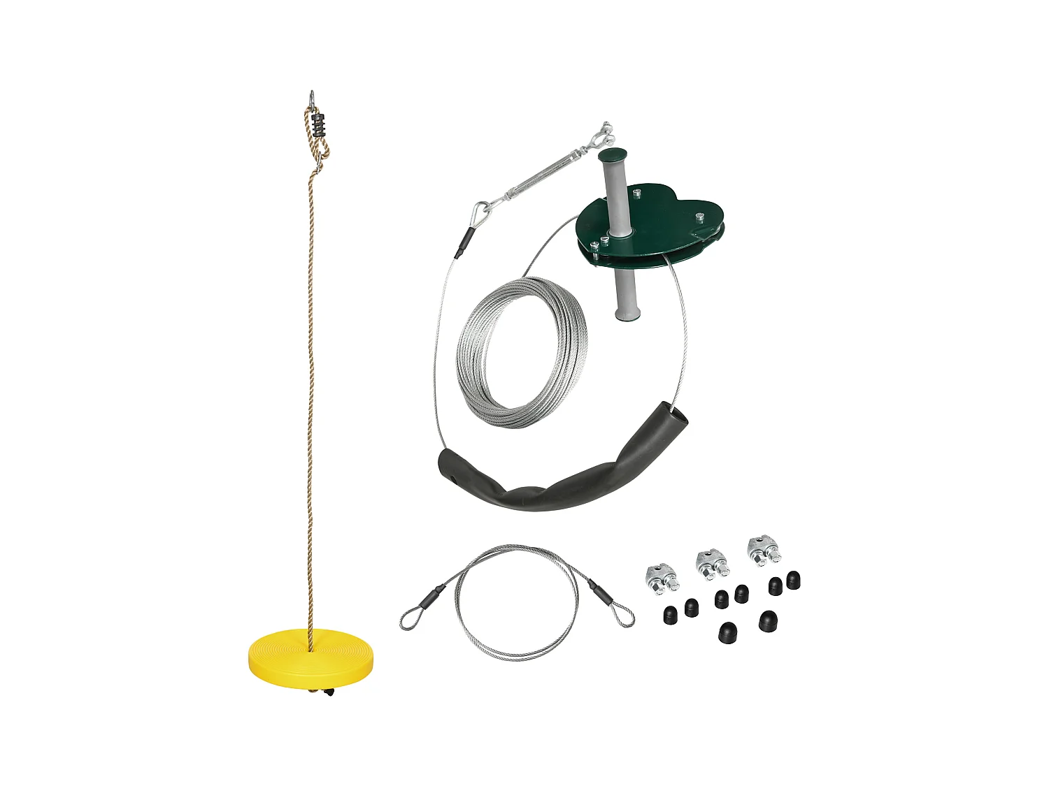 Kit complet tyrolienne 25 m - câble épais, poulie, poignées antidérapantes, assise PE - accessoires inclus