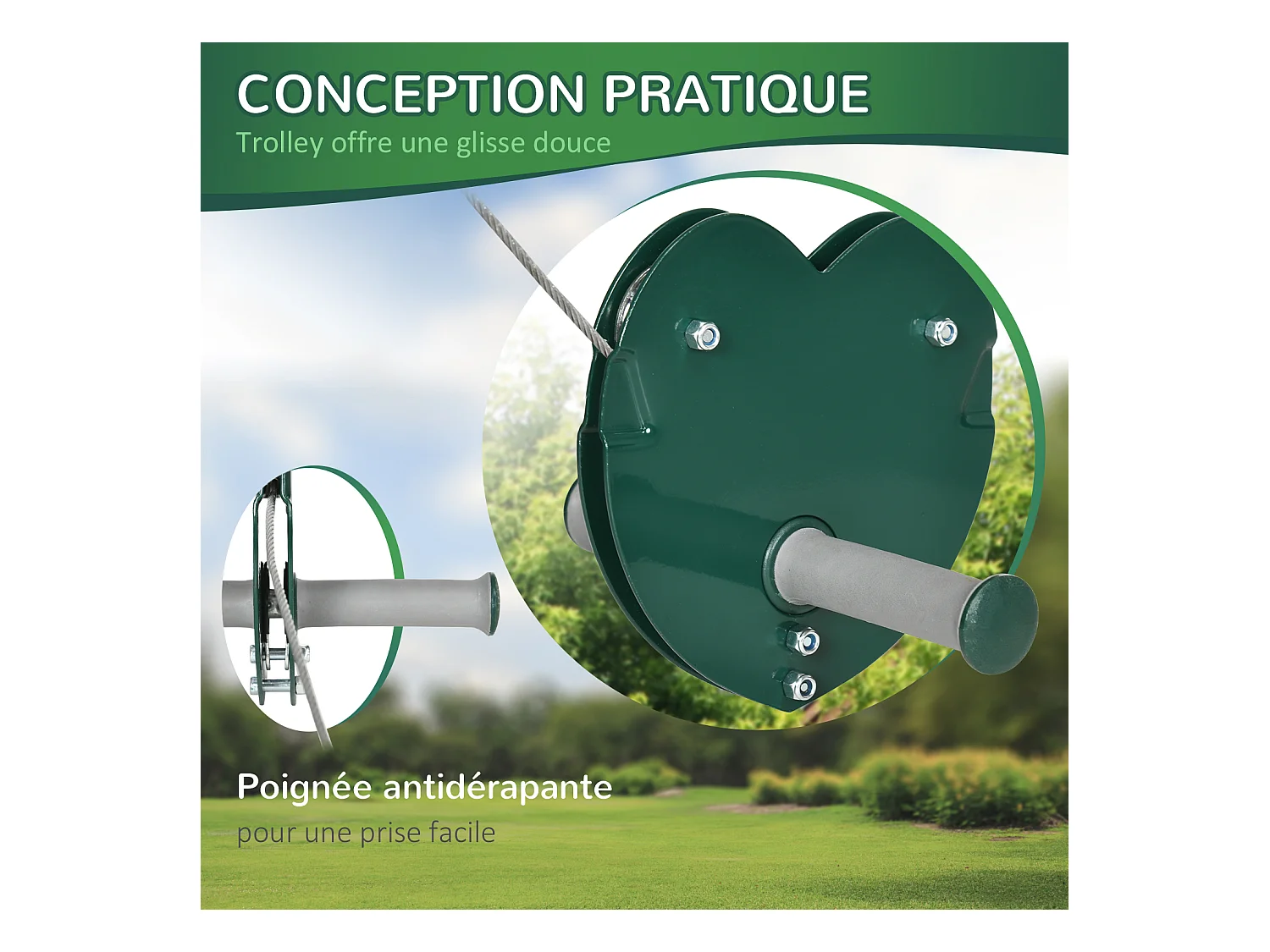 Kit complet tyrolienne 25 m - câble épais, poulie, poignées antidérapantes, assise PE - accessoires inclus