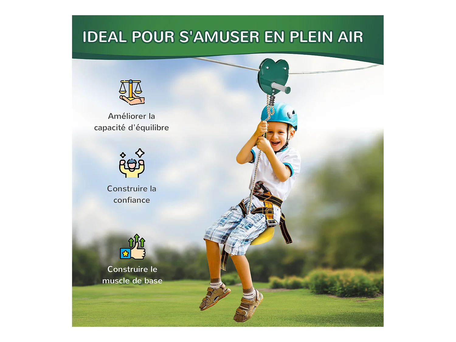 Kit complet tyrolienne 25 m - câble épais, poulie, poignées antidérapantes, assise PE - accessoires inclus