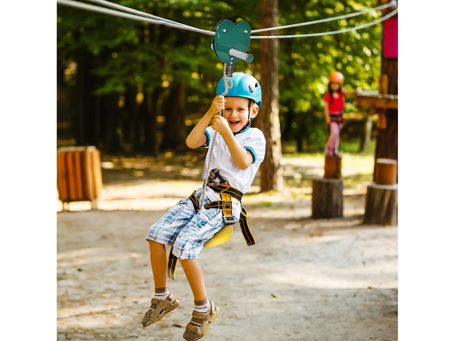 Kit complet tyrolienne 25 m - câble épais, poulie, poignées antidérapantes, assise PE - accessoires inclus