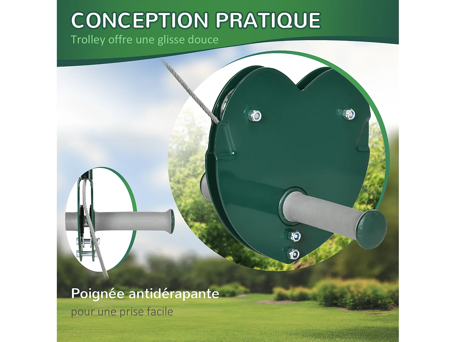 Kit complet tyrolienne 25 m - câble épais, poulie, poignées antidérapantes, assise PE - accessoires inclus