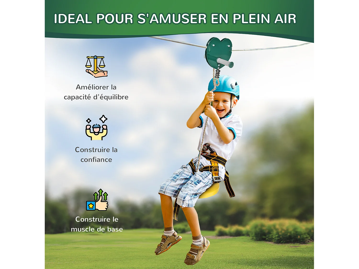 Kit complet tyrolienne 25 m - câble épais, poulie, poignées antidérapantes, assise PE - accessoires inclus