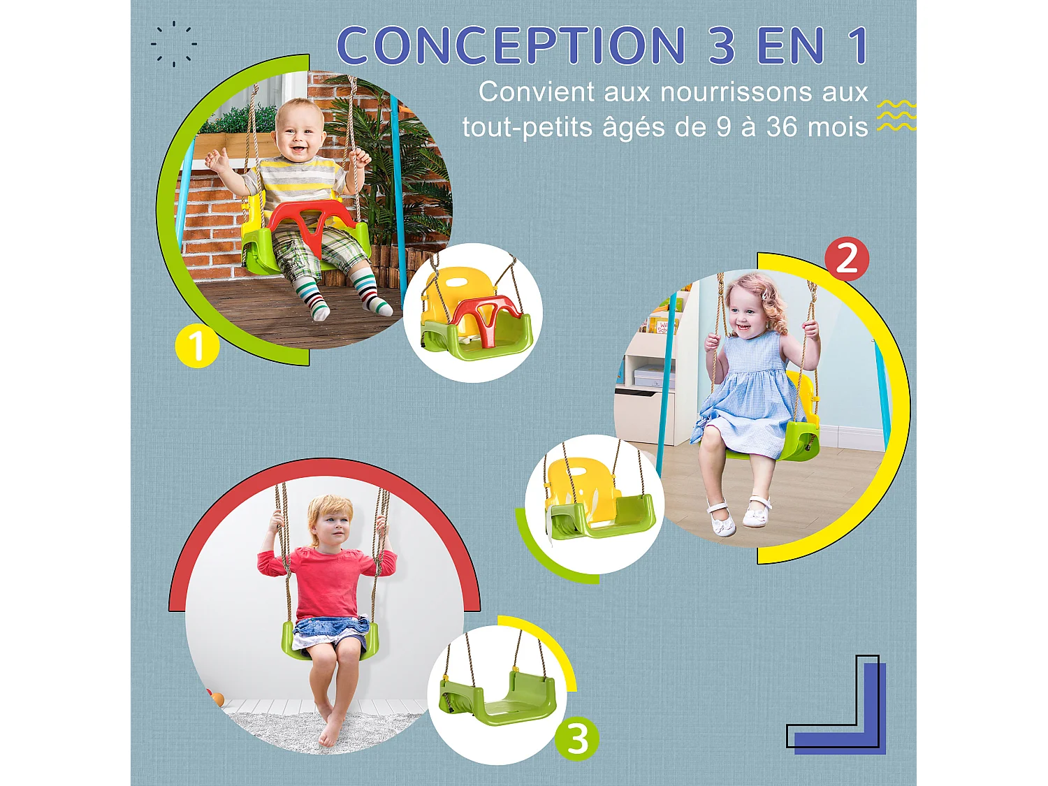 Balançoire siège 3 en 1 évolutif réglable enfant - dossier, barre en T amovibles, ceinture