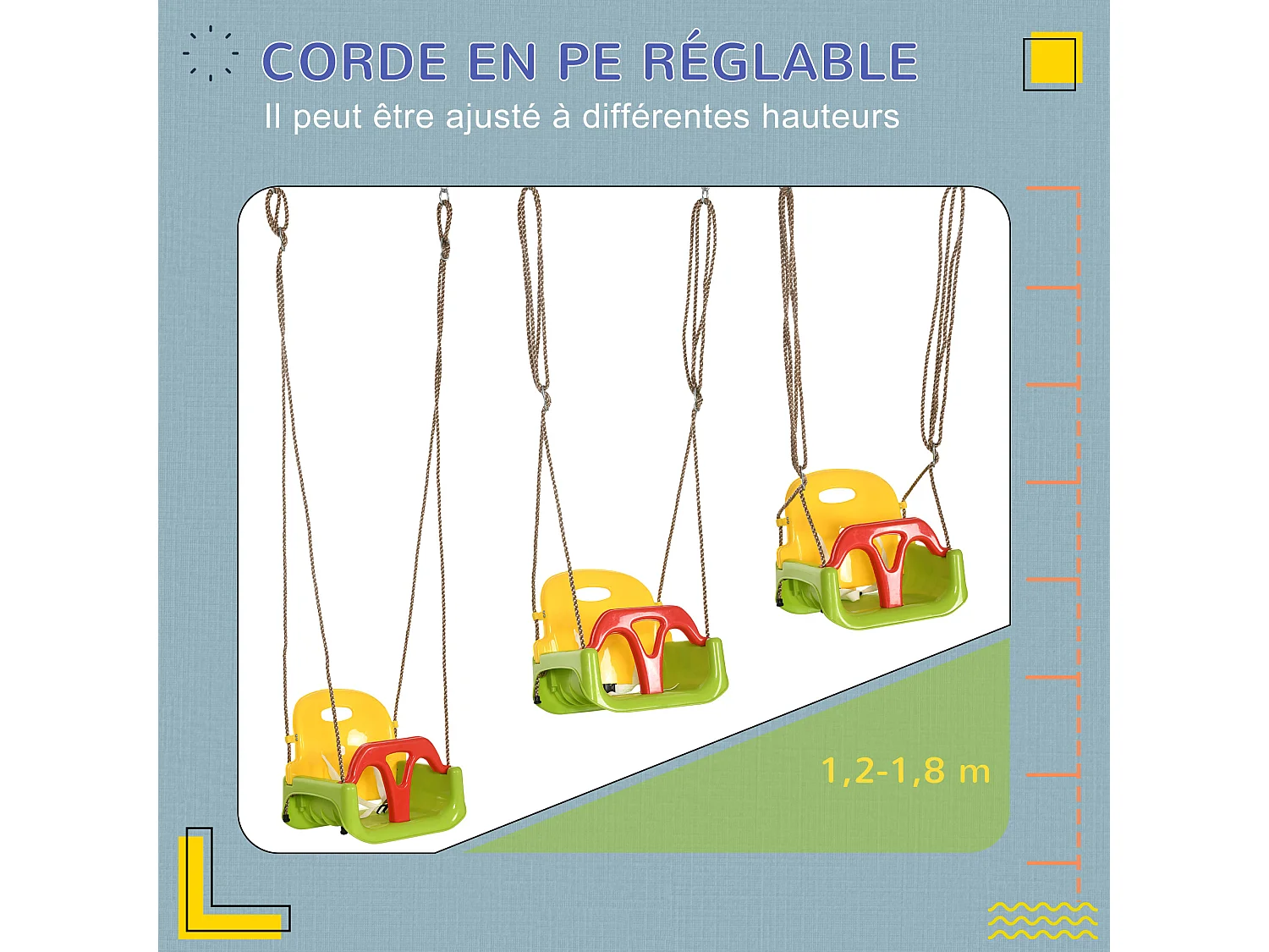 Balançoire siège 3 en 1 évolutif réglable enfant - dossier, barre en T amovibles, ceinture