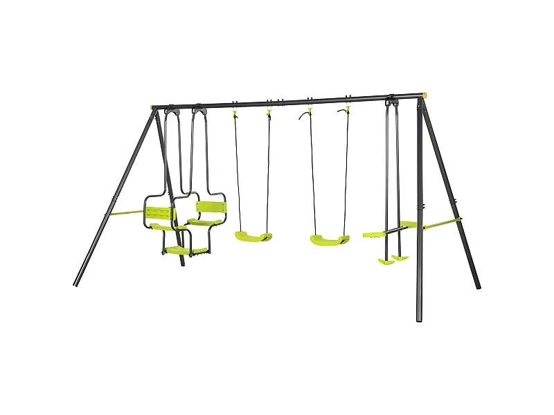 Balançoire 4 agrès portique avec 2 balançoires et 2 face à face dim. 3,55L x 1,84l x 1,86H m acier époxy gris PE vert