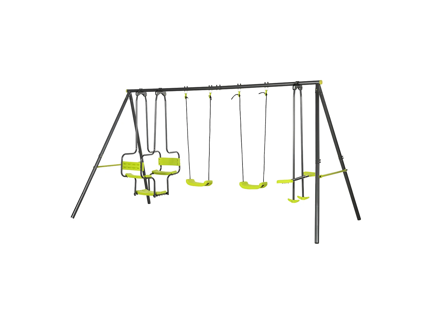 Balançoire 4 agrès portique avec 2 balançoires et 2 face à face dim. 3,55L x 1,84l x 1,86H m acier époxy gris PE vert