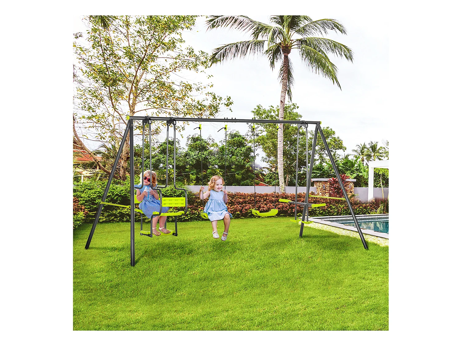 Balançoire 4 agrès portique avec 2 balançoires et 2 face à face dim. 3,55L x 1,84l x 1,86H m acier époxy gris PE vert