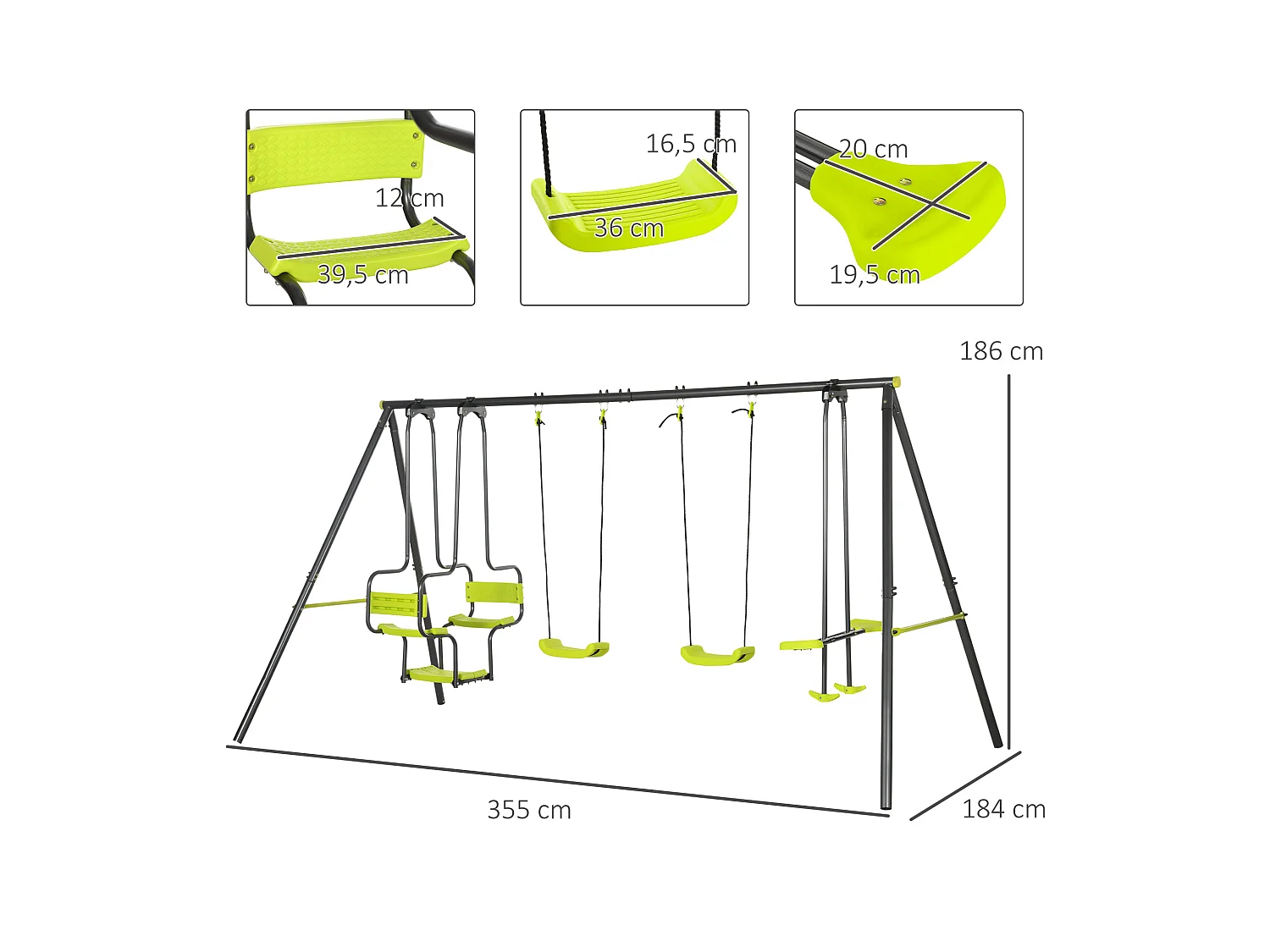 Balançoire 4 agrès portique avec 2 balançoires et 2 face à face dim. 3,55L x 1,84l x 1,86H m acier époxy gris PE vert
