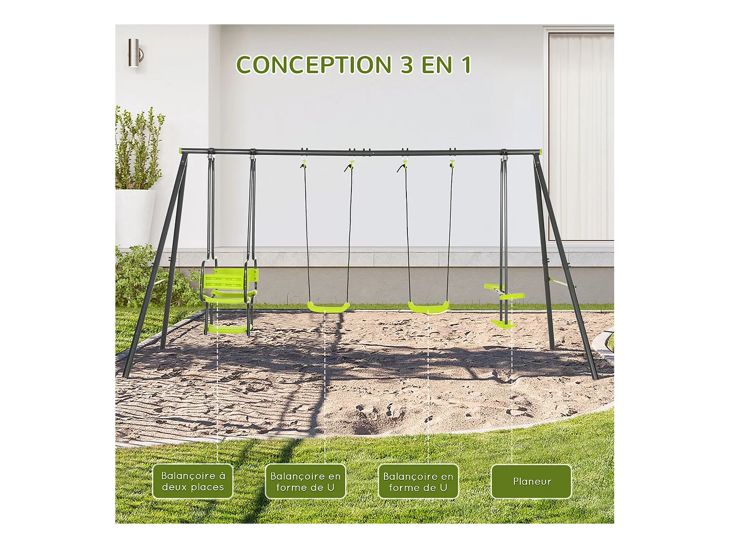 Balançoire 4 agrès portique avec 2 balançoires et 2 face à face dim. 3,55L x 1,84l x 1,86H m acier époxy gris PE vert