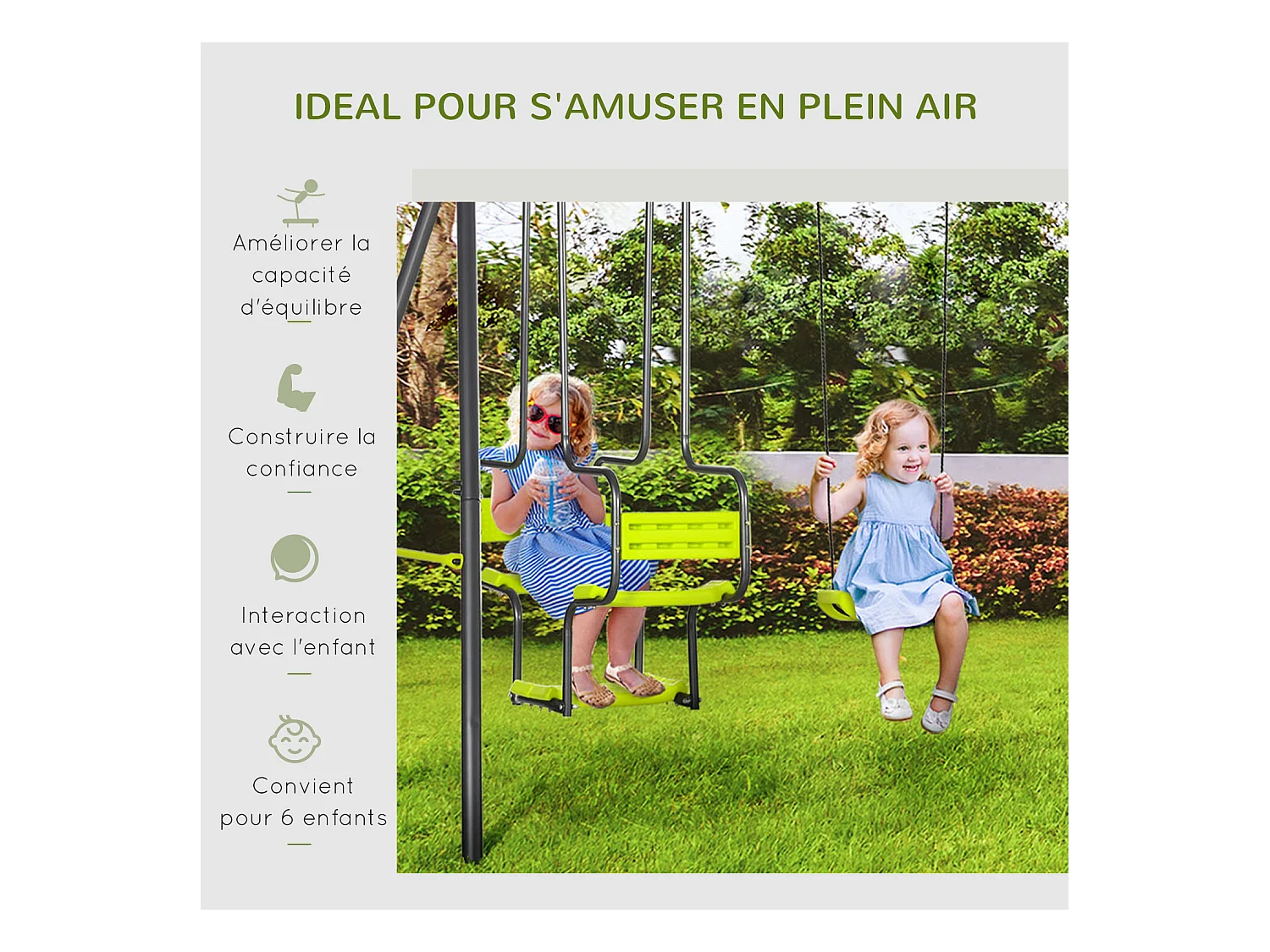 Balançoire 4 agrès portique avec 2 balançoires et 2 face à face dim. 3,55L x 1,84l x 1,86H m acier époxy gris PE vert