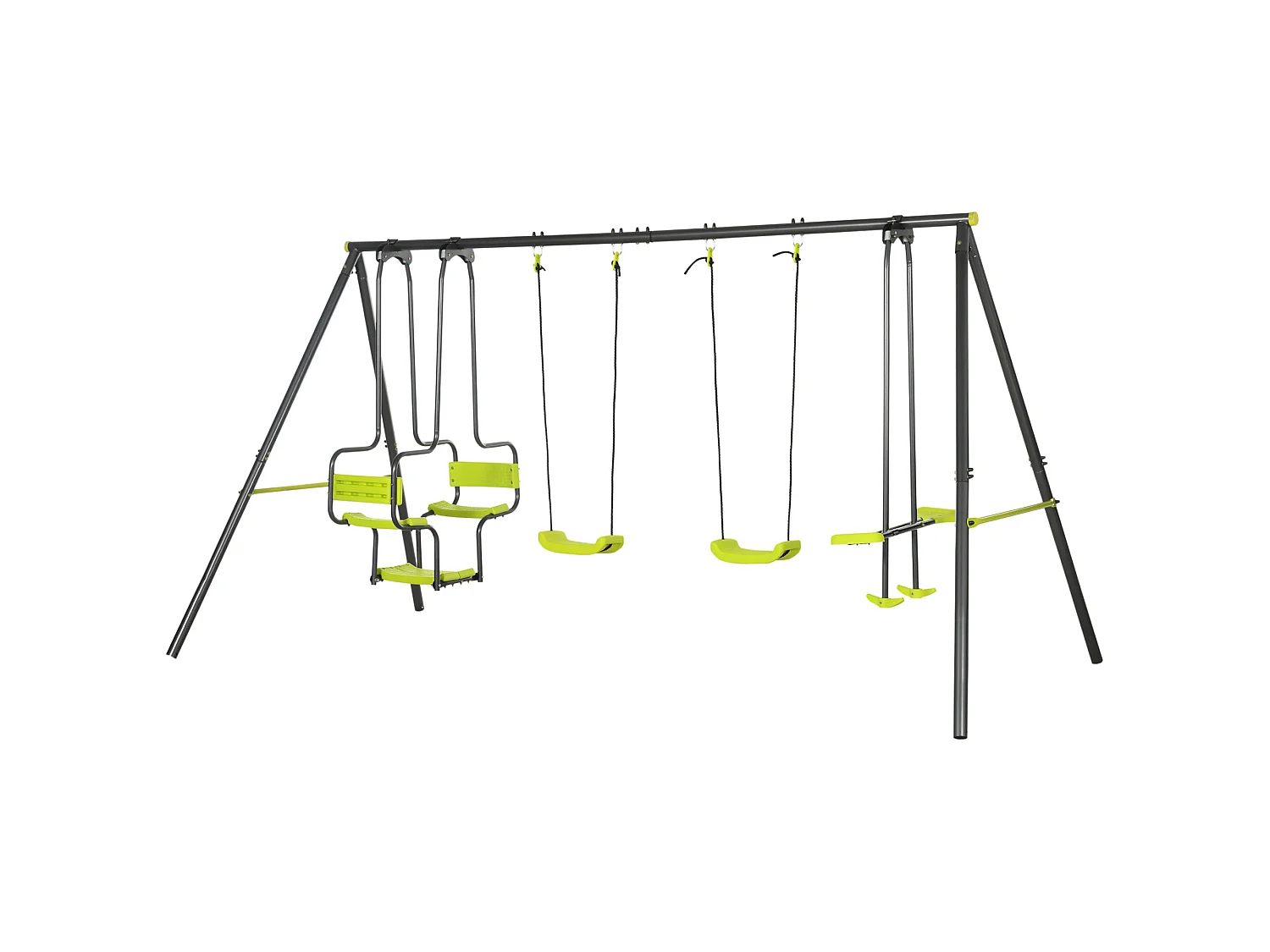 Balançoire 4 agrès portique avec 2 balançoires et 2 face à face dim. 3,55L x 1,84l x 1,86H m acier époxy gris PE vert