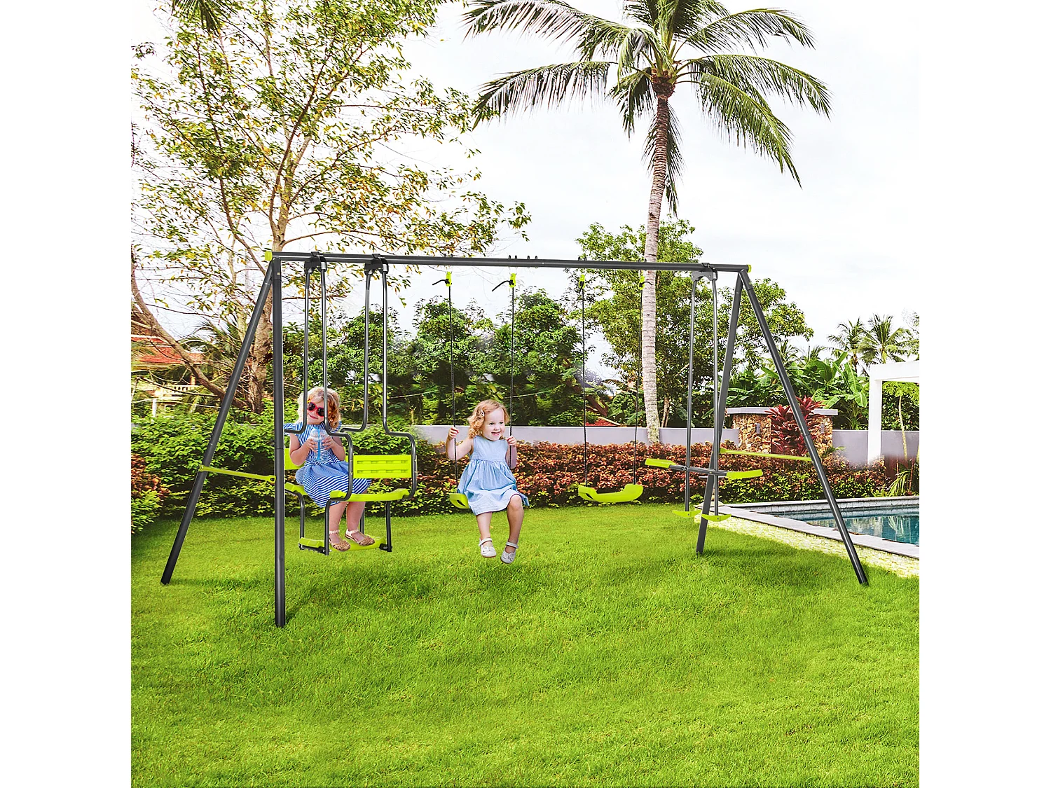 Balançoire 4 agrès portique avec 2 balançoires et 2 face à face dim. 3,55L x 1,84l x 1,86H m acier époxy gris PE vert