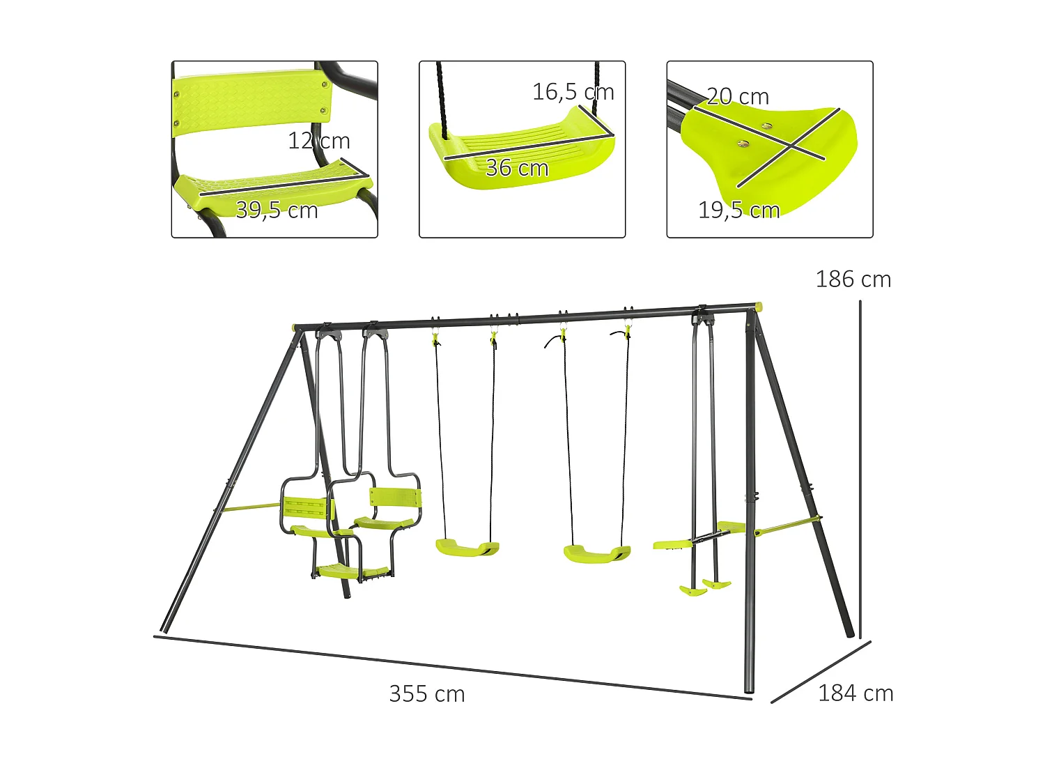 Balançoire 4 agrès portique avec 2 balançoires et 2 face à face dim. 3,55L x 1,84l x 1,86H m acier époxy gris PE vert